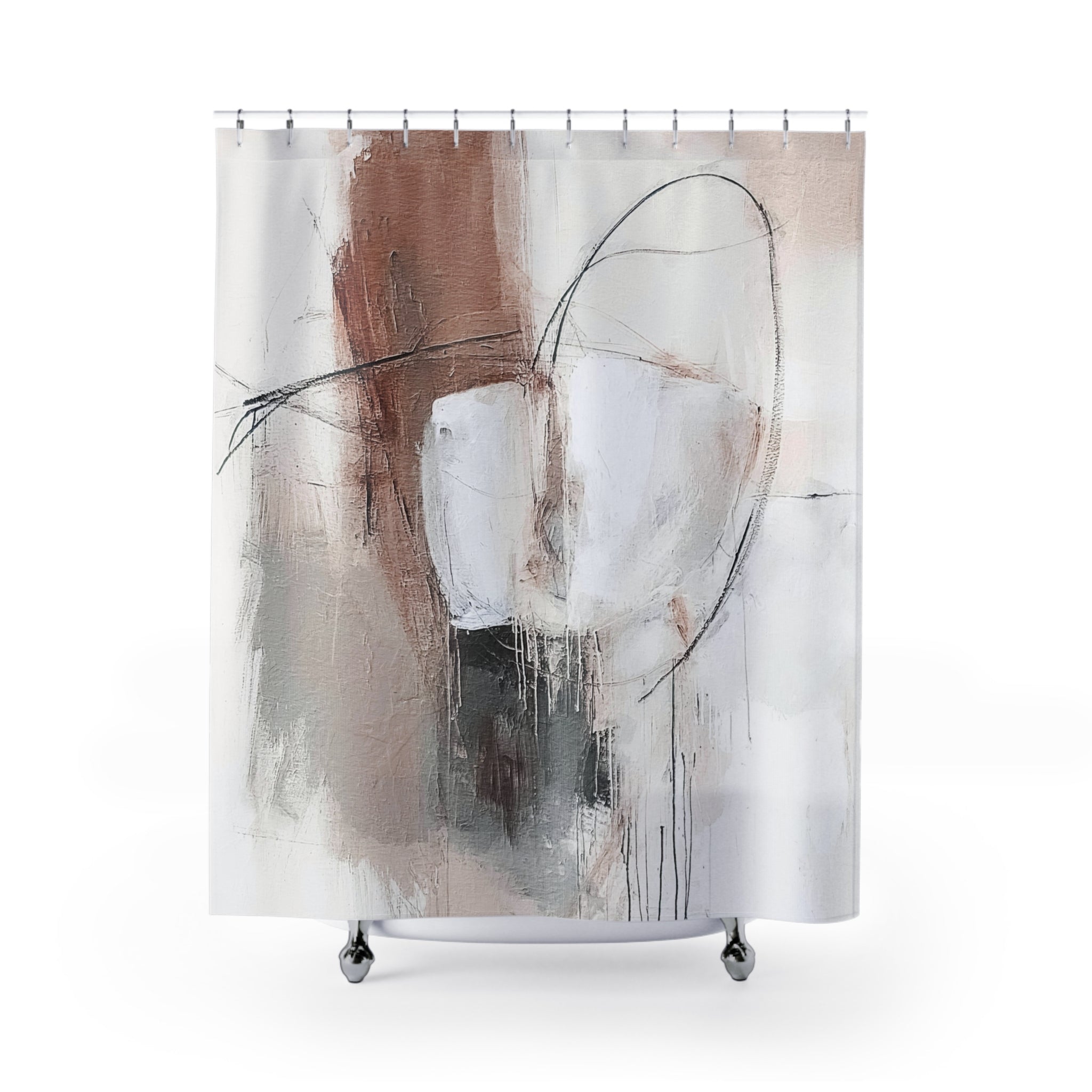 Boho Shower Curtain | Abstract Art White Grey, Beige Minimalist