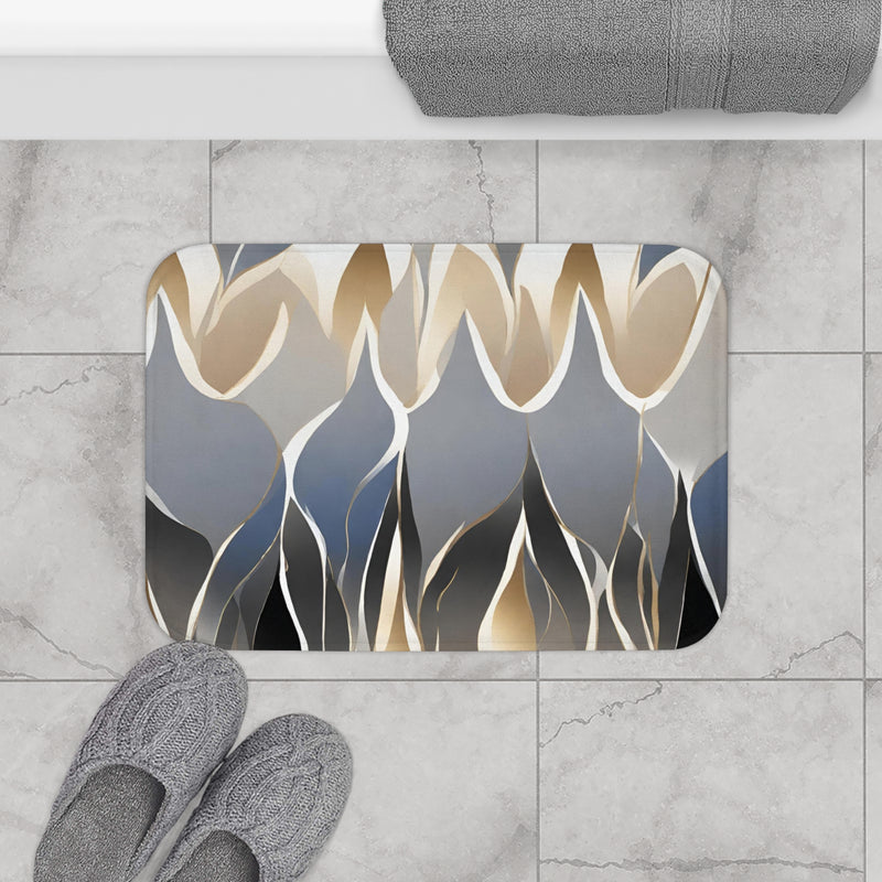 Abstract Bath Mat, Kitchen Mat | Grey Blue, Muted Gold Beige