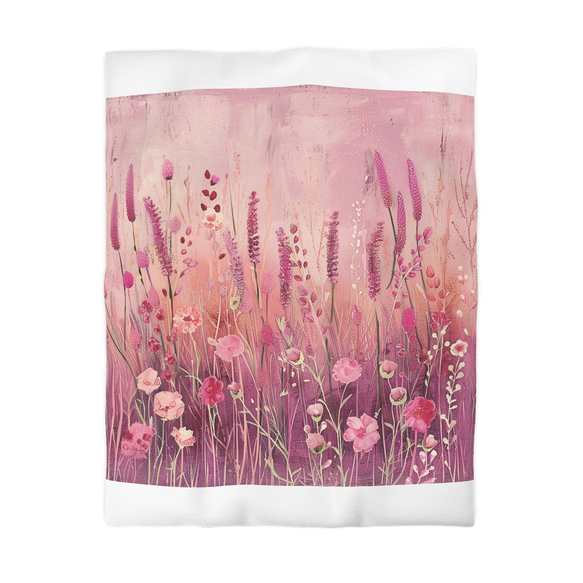 The image is a painting of a field of flowers with various types of flowers, including pink and purple ones, against a pink and purple background.