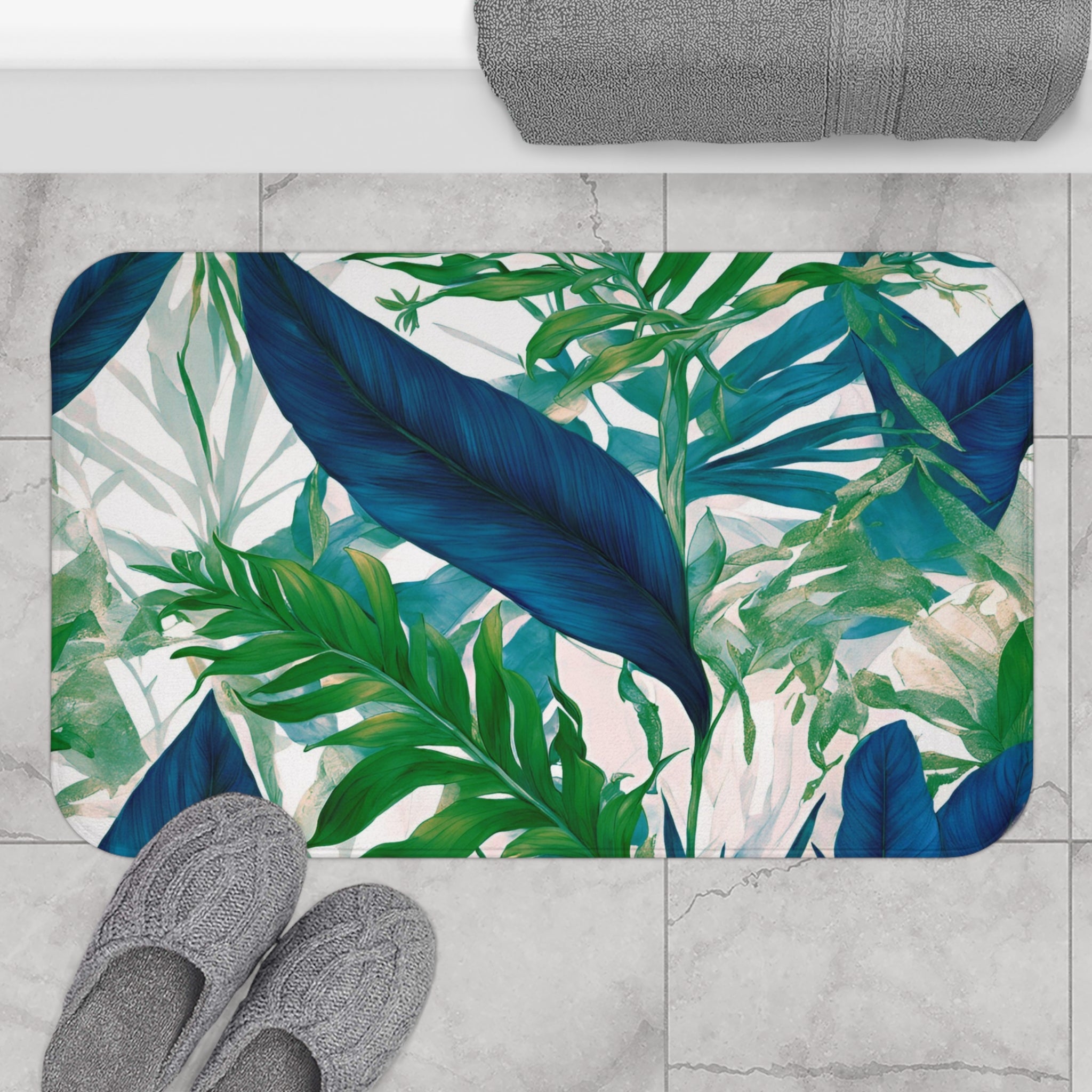 Tropical Floral Bath, Kitchen Mat | Coastal Indigo Blue, Emerald Green