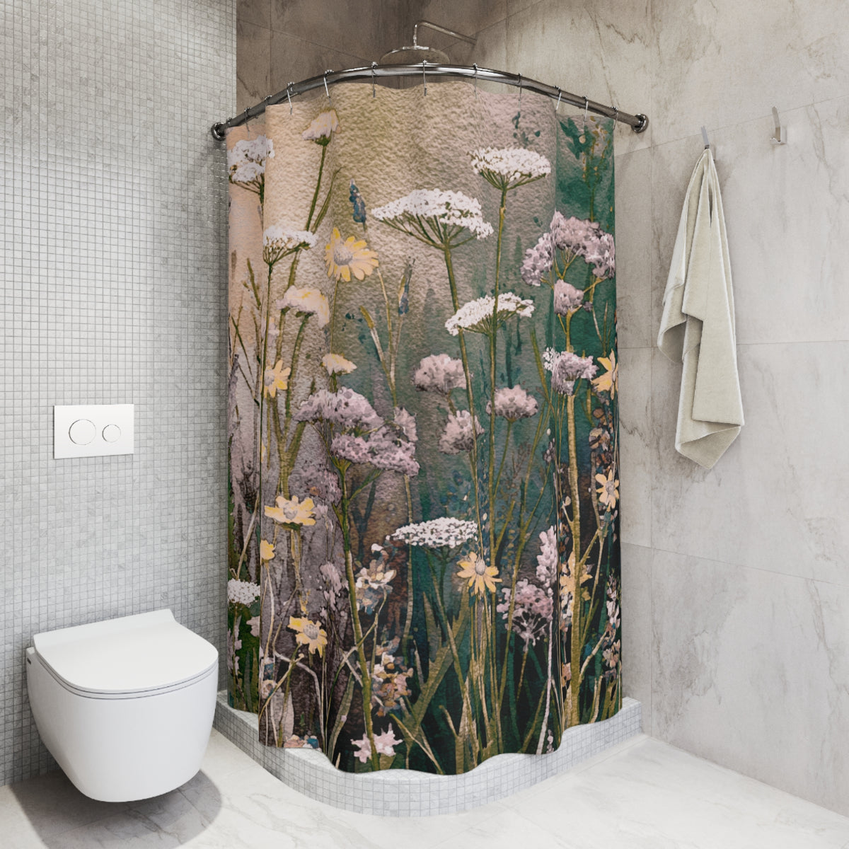 a bathroom with a shower curtain that has a floral pattern. The shower curtain is hanging in the corner of the bathroom, and there is a towel hanging on the wall next to it. The bathroom appears to be well-maintained and clean.