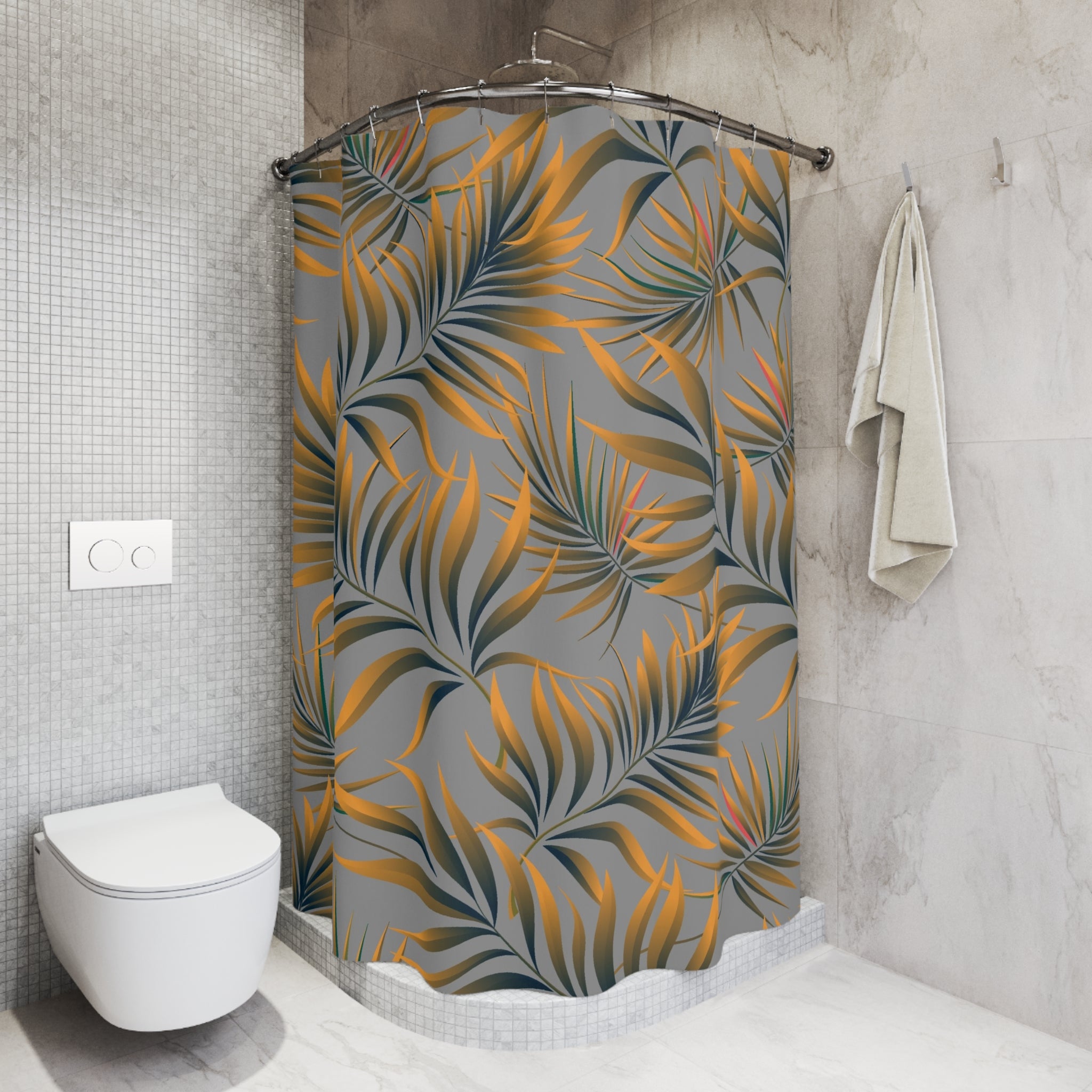 Orange Grey Palm Leaf Shower Curtain, Flowy Polyester Bath Curtain 71x74