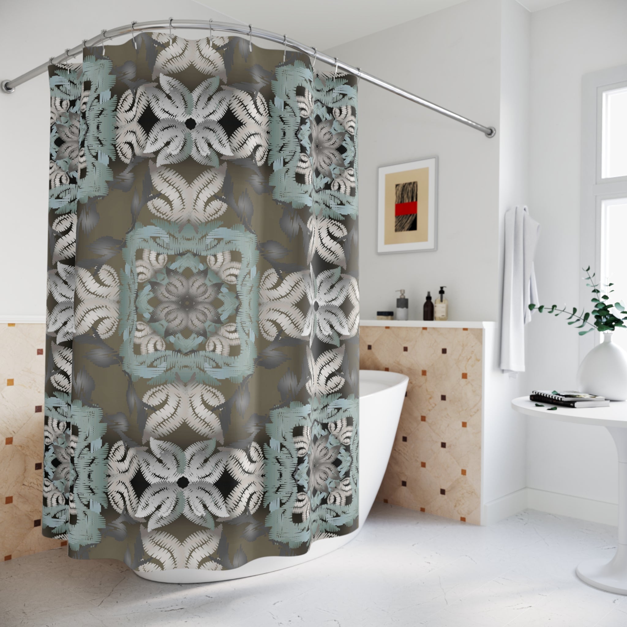 Boho Shower Curtain | Geometric Moroccan Grey Blue Fabric Curtain