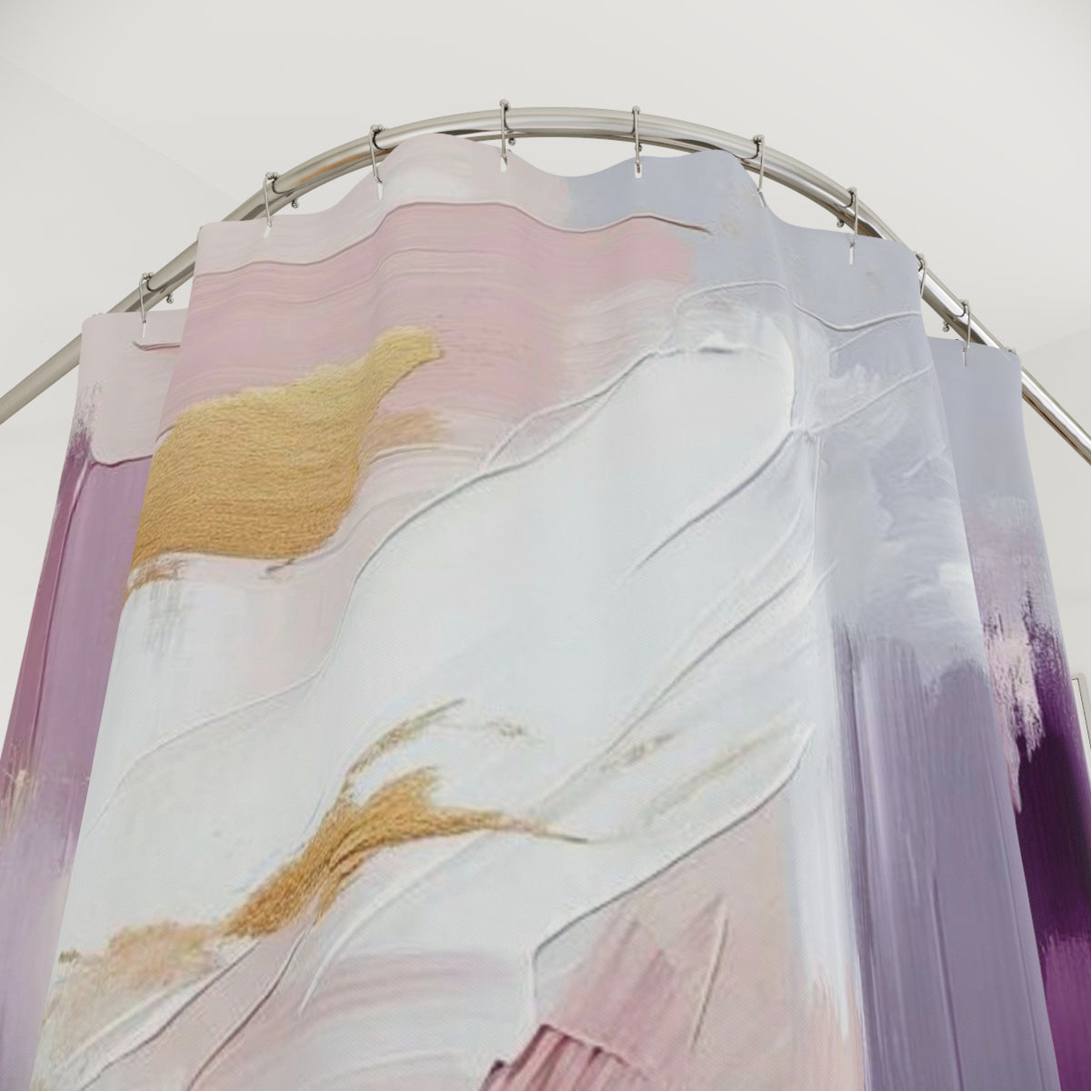 a shower curtain with a vibrant abstract design in shades of pink, purple, and white.