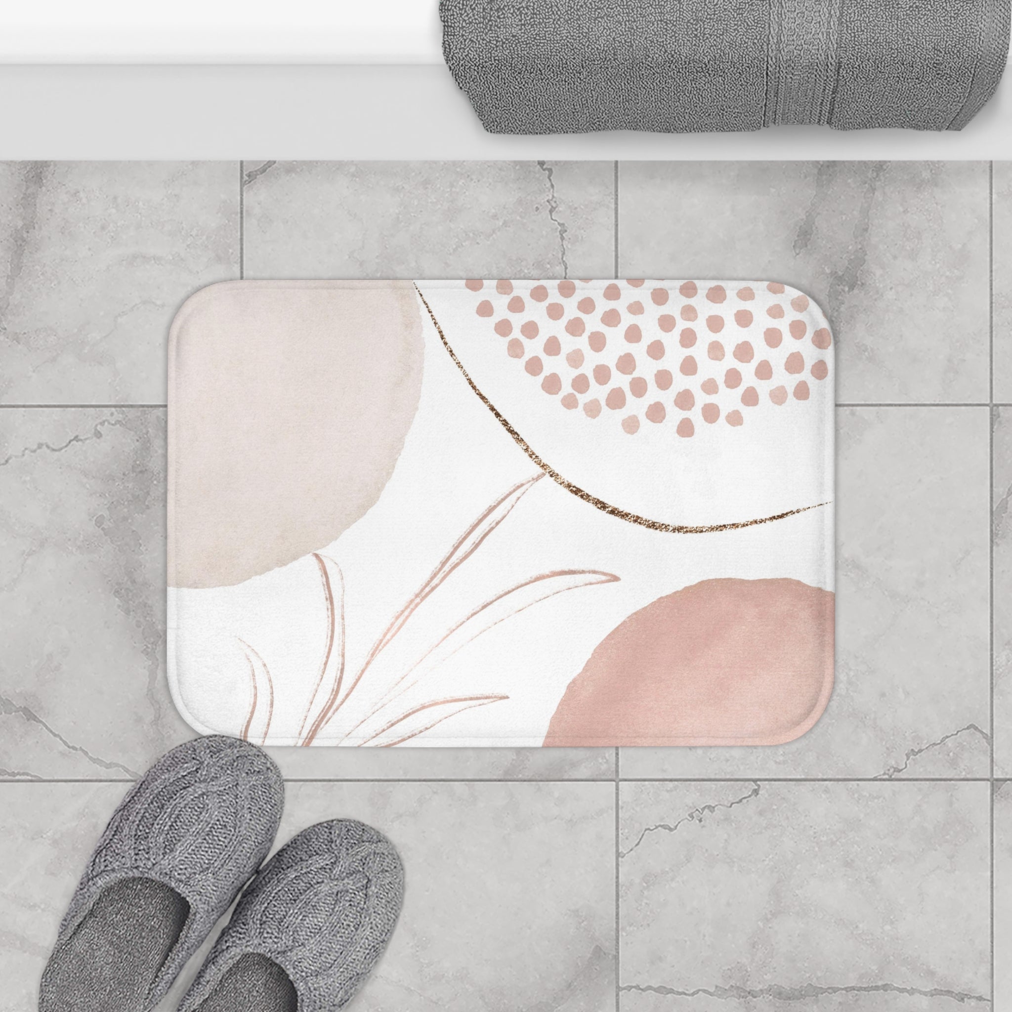 Boho Abstract Bath, Kitchen Mat, Rug | White Blush Pink