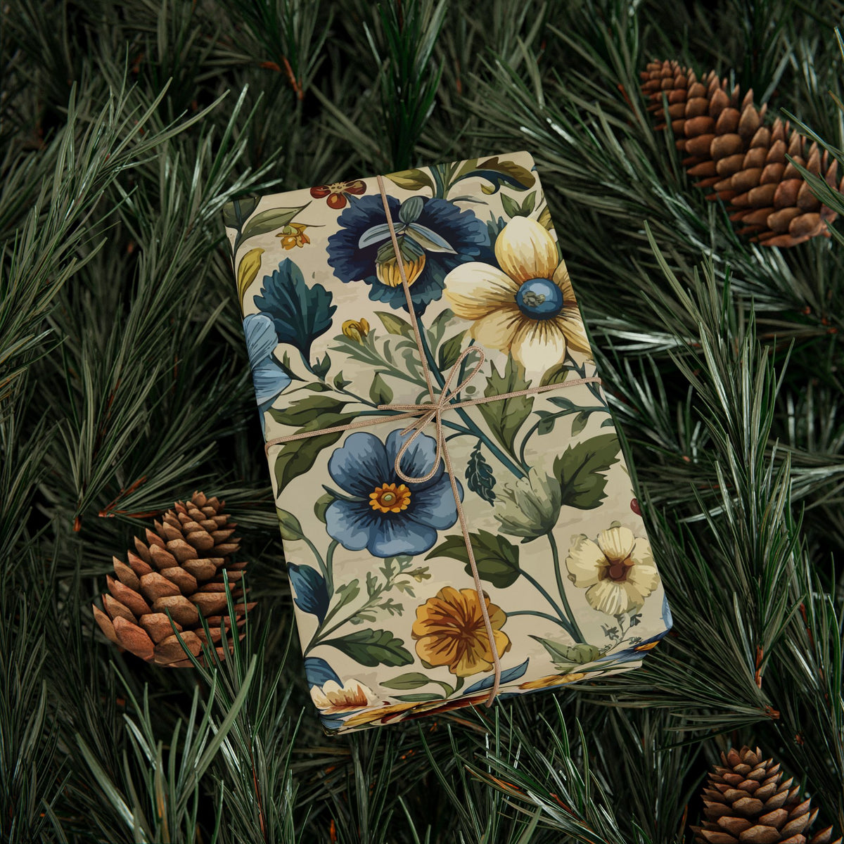 Cream Blue Rust Chintz Floral Wrapping Paper, Gift Wrap