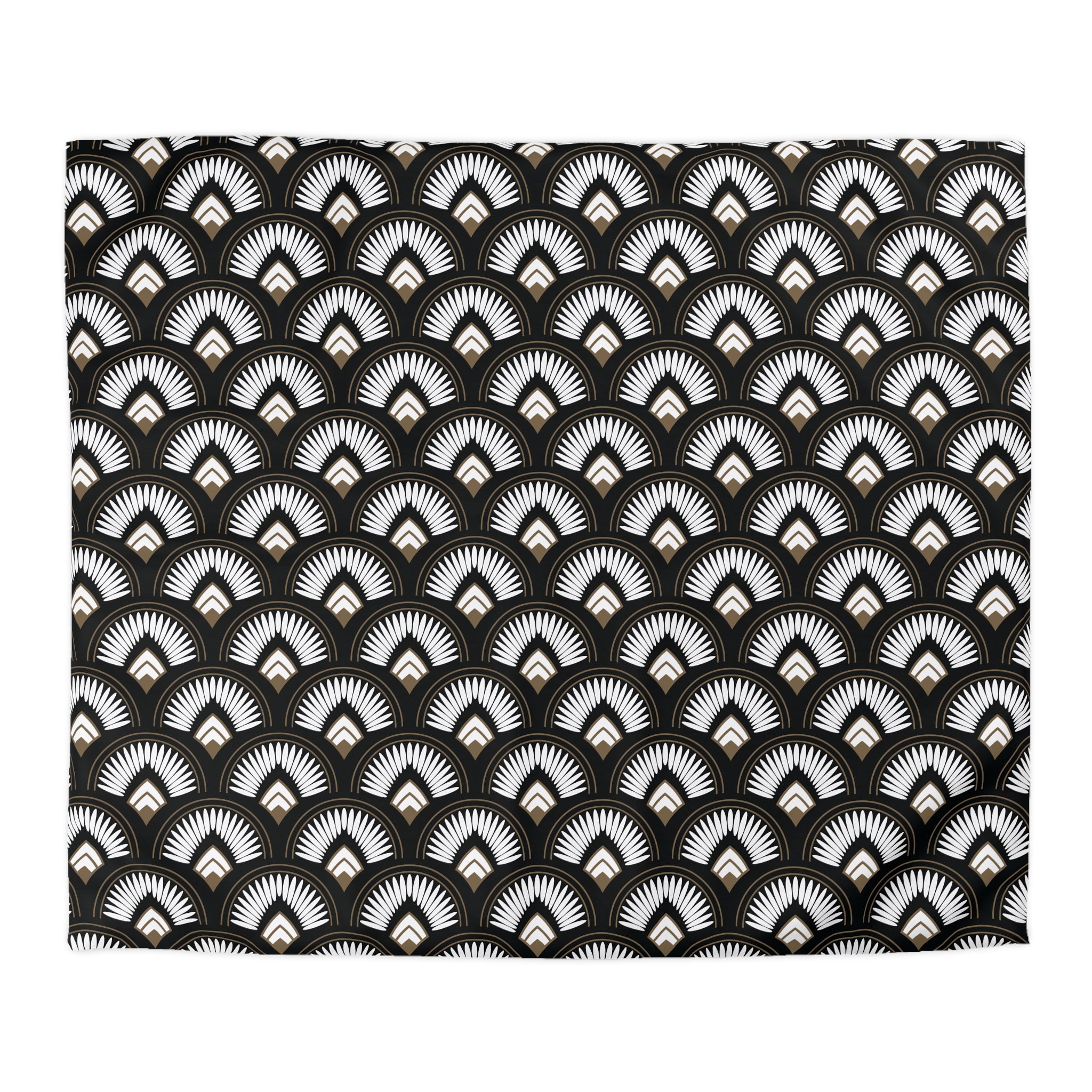 a repeating pattern of black and white feathers or leaves arranged in a fan-like design.