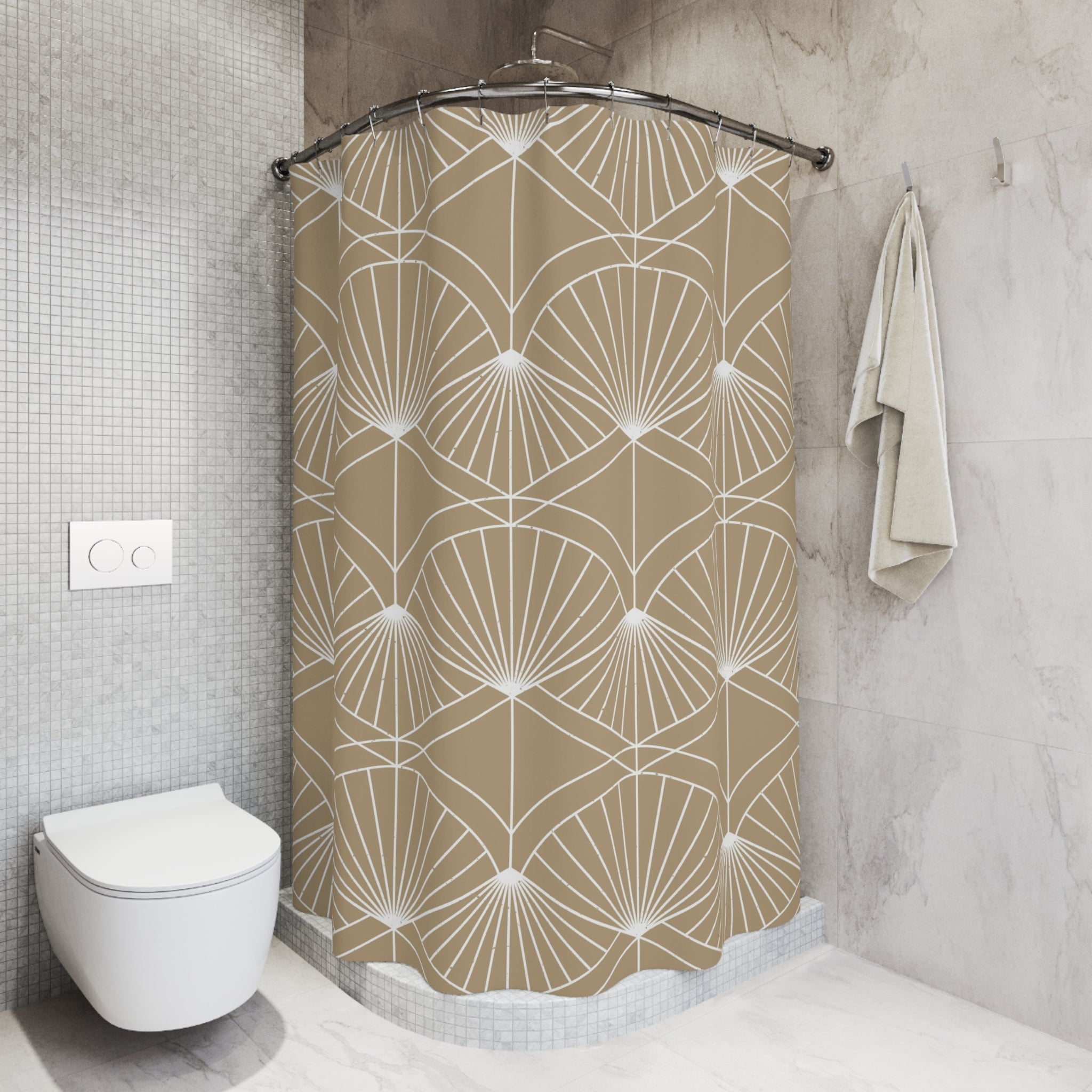 Art Deco Shower Curtain | Geometric Fan, Caramel Beige Bath Curtain