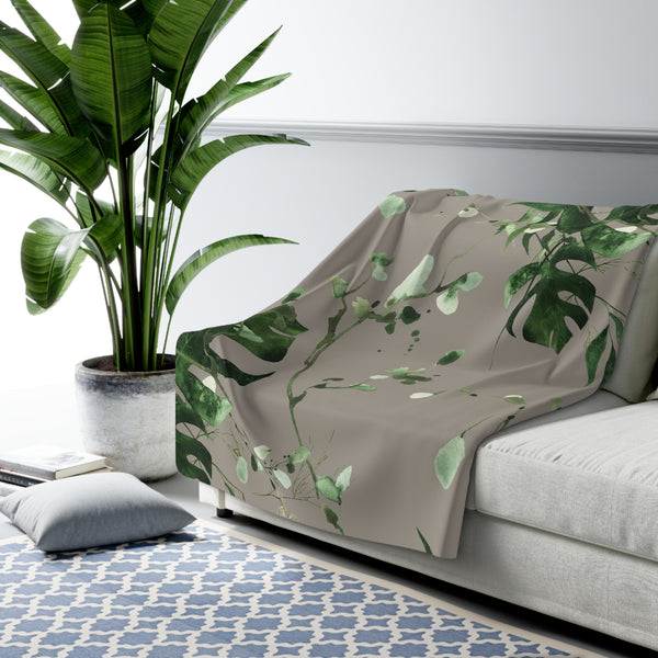 Floral Boho Comfy Blanket | Taupe Gray, Green Monstera Leaves