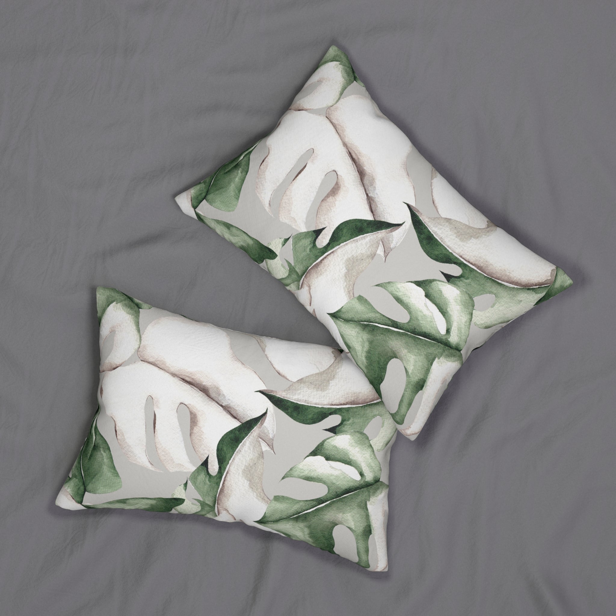 Floral Lumbar Pillow | Grey White Sage Gree Monstera Leaves
