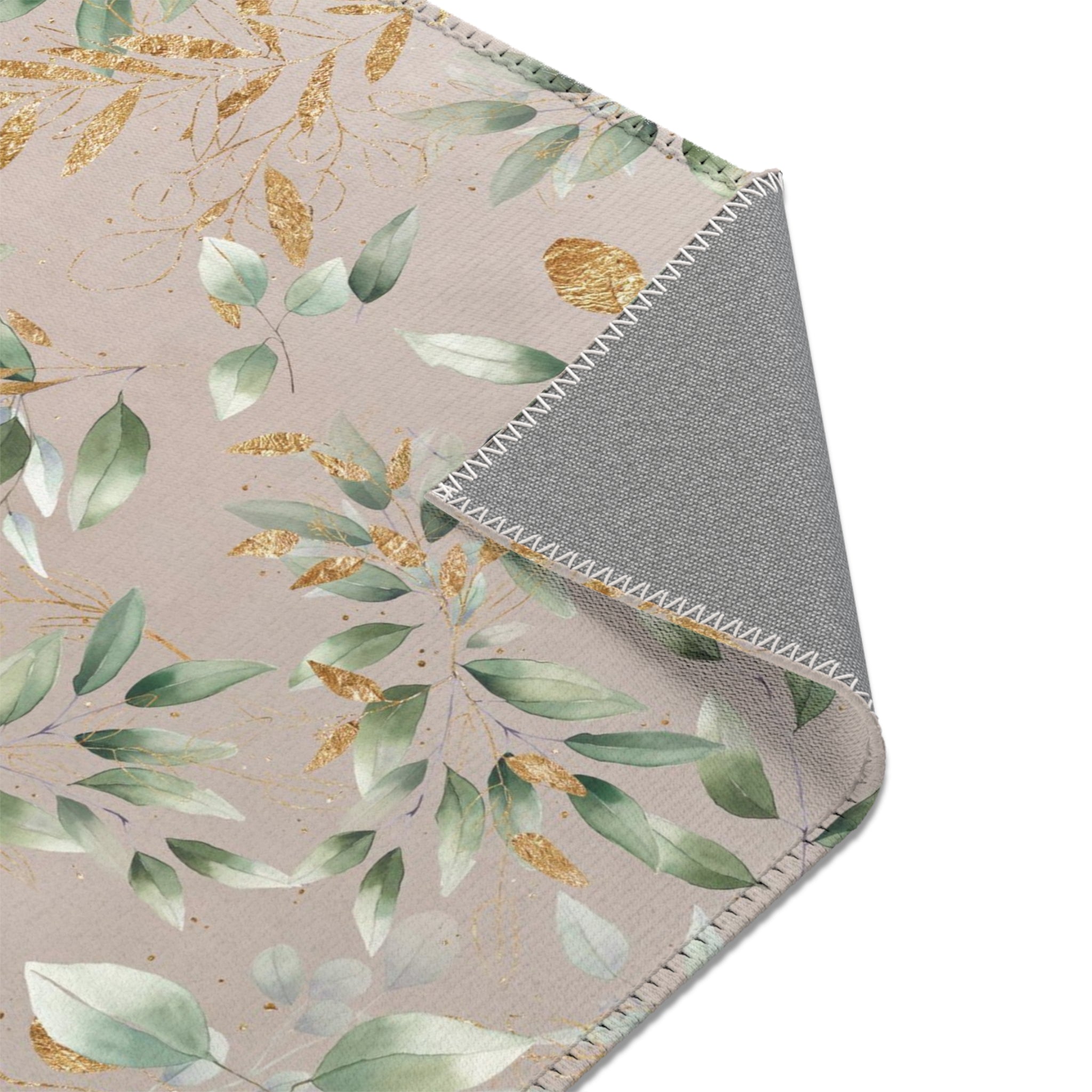 Floral Area Rug | Beige Sage Green Leaves, Gold Watercolor