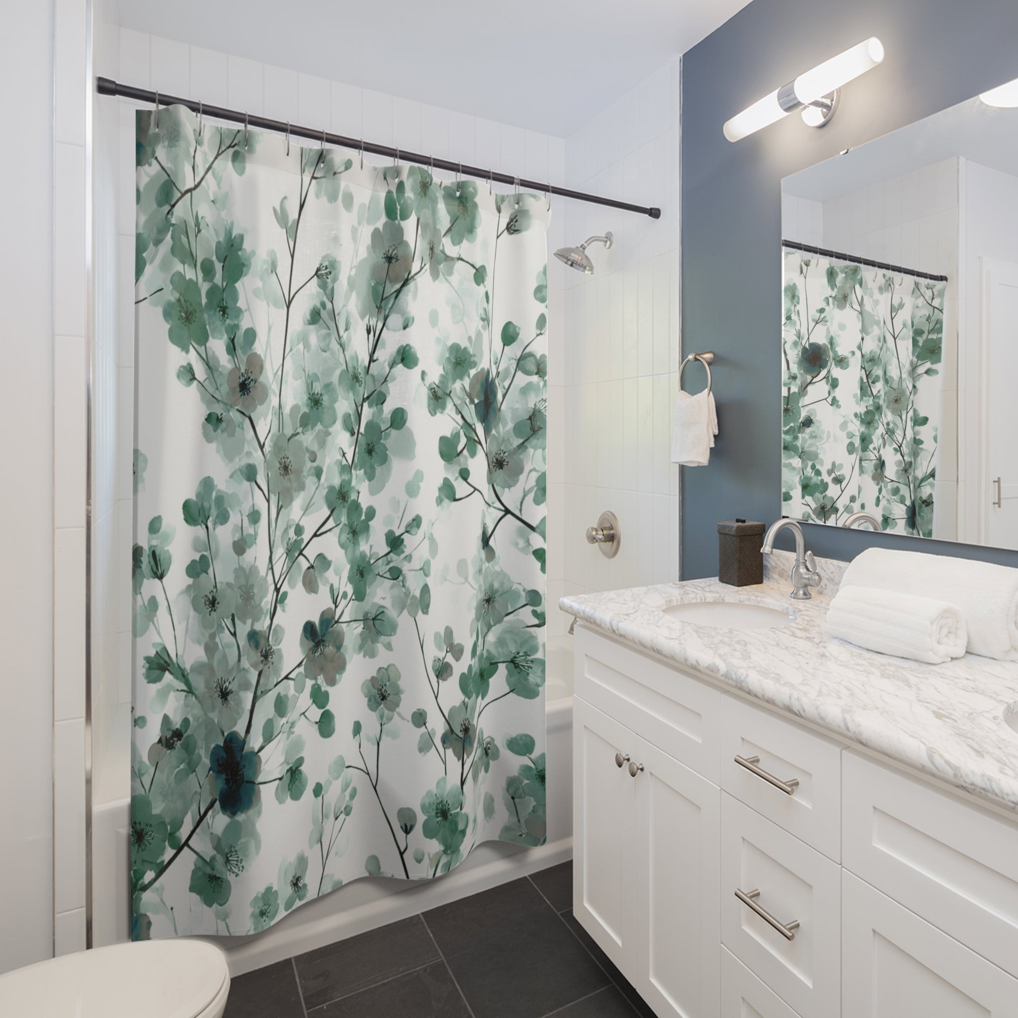 Abstract Shower Curtain | Floral Sage Green White Leaves