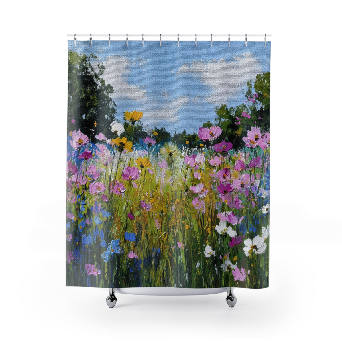 a vibrant and colorful painting of a field of flowers, with a variety of pink, white, and yellow blooms. The painting is displayed on a shower curtain, which is hanging from a rod. The overall scene is lively and full of natural beauty, creating a sense of serenity and tranquility.