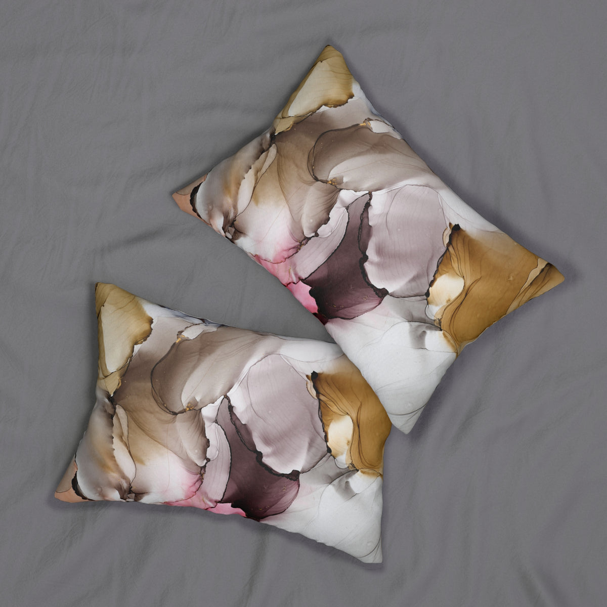 Mustard Taupe Pink Abstract Alcohol Ink Lumbar Pillow