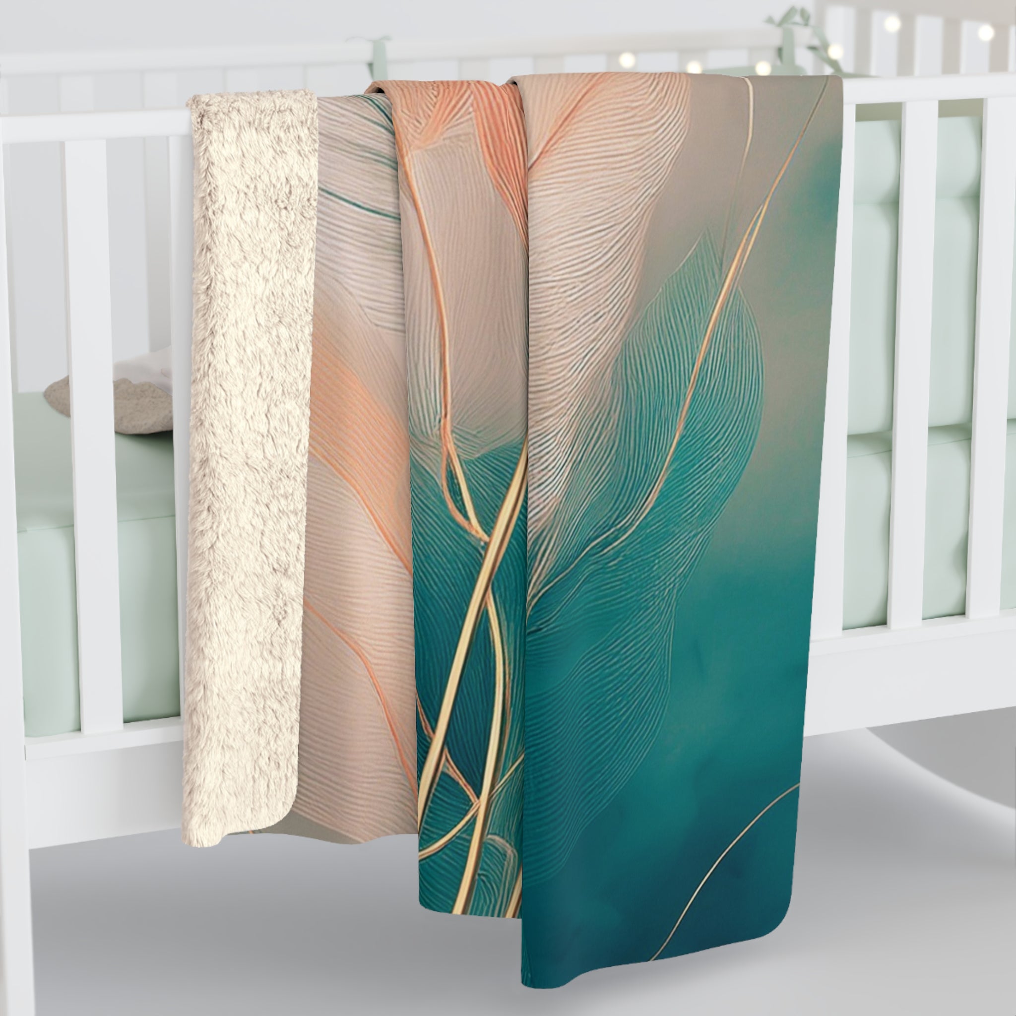 Floral Throw Blanket | Beige Teal Gold Leaves