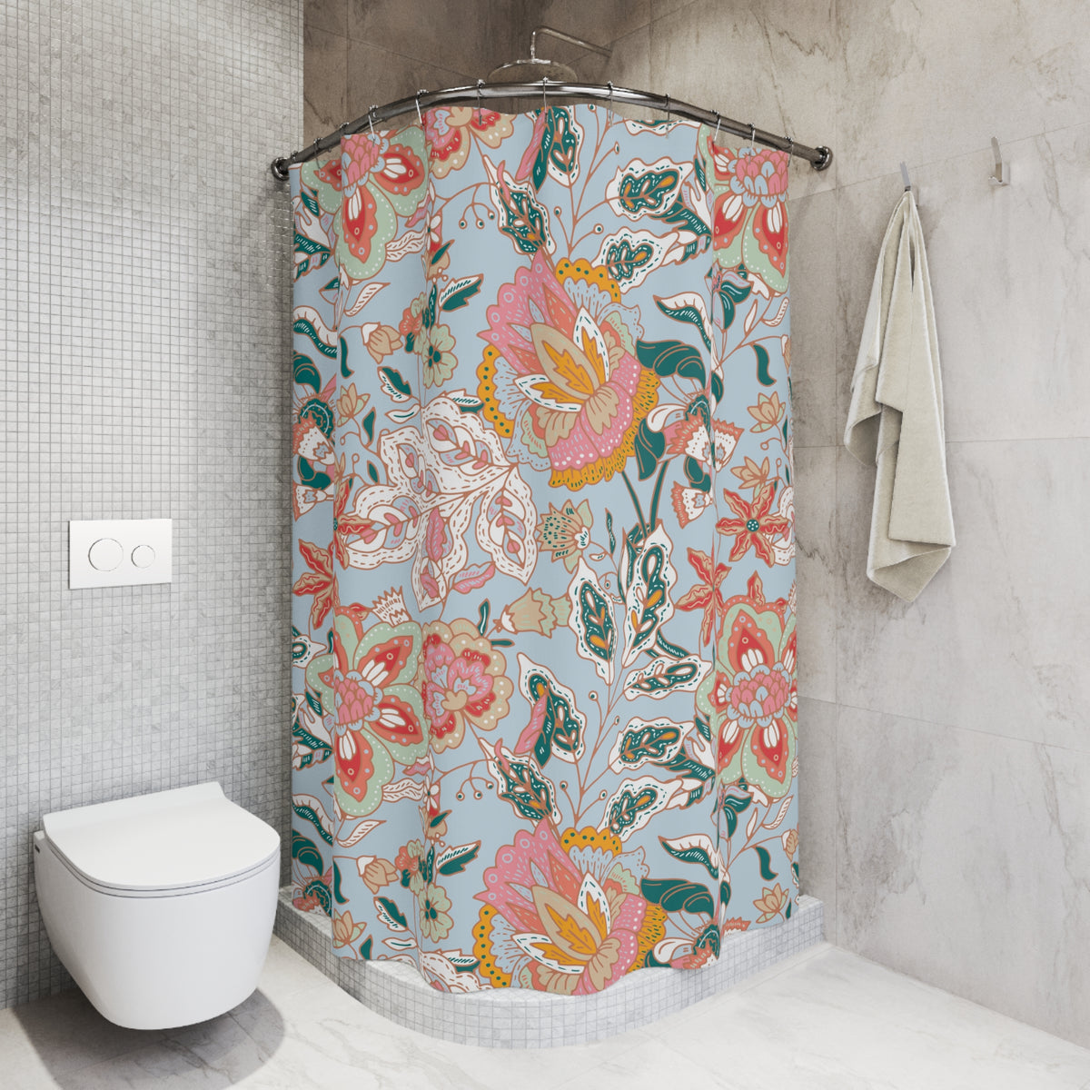 Coral Teal Jacobean Floral Shower Curtain, Bath Curtain 71x74