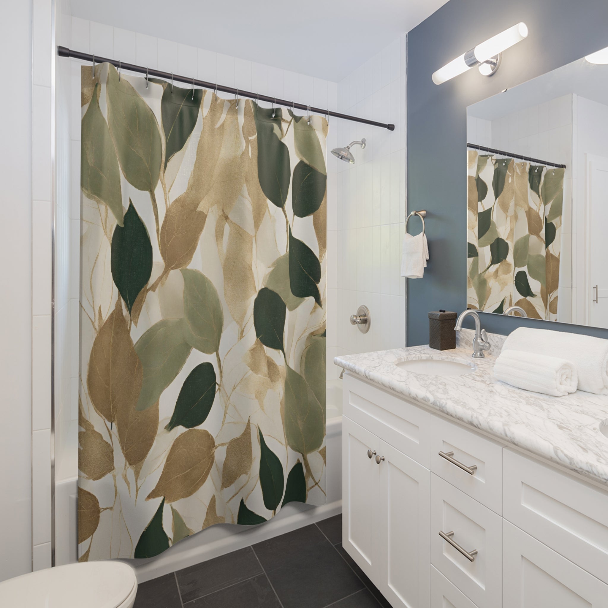 Beige Floral Shower Curtain | Earthy Leaves Bathroom