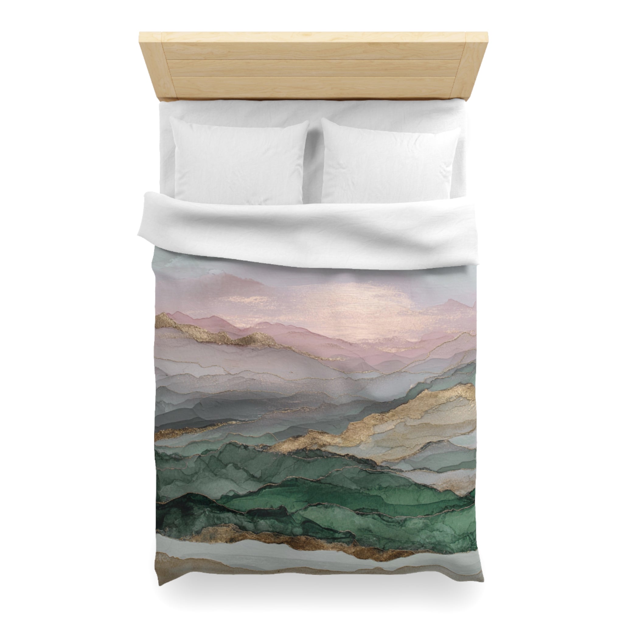 a bed with a white comforter and pillows, featuring a colorful mountain landscape design on the comforter.