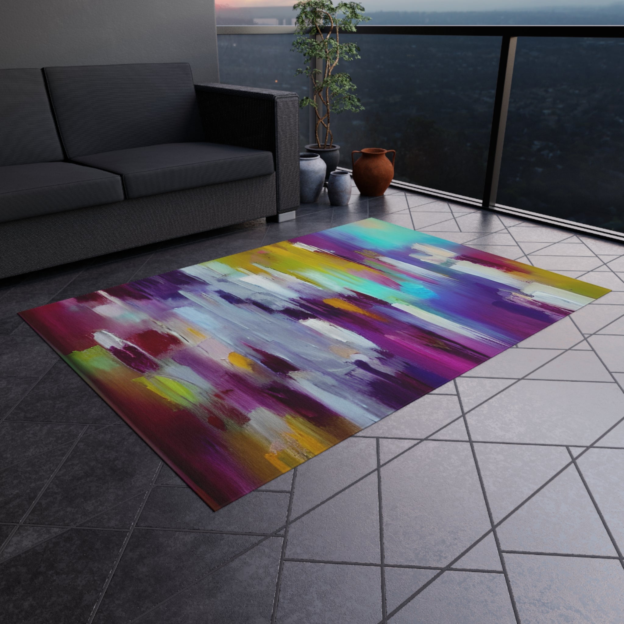 Abstract Outdoor Rug | Colorful Mauve Grey Pink Watercolor