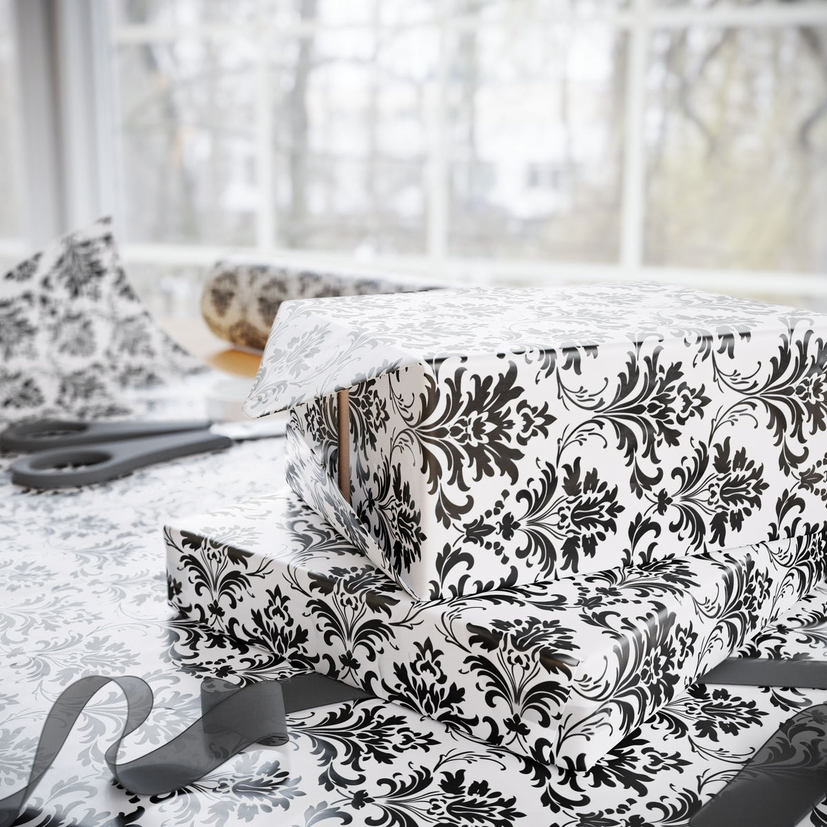 Black White Damask Wrapping Paper, Classic Gift Wrap