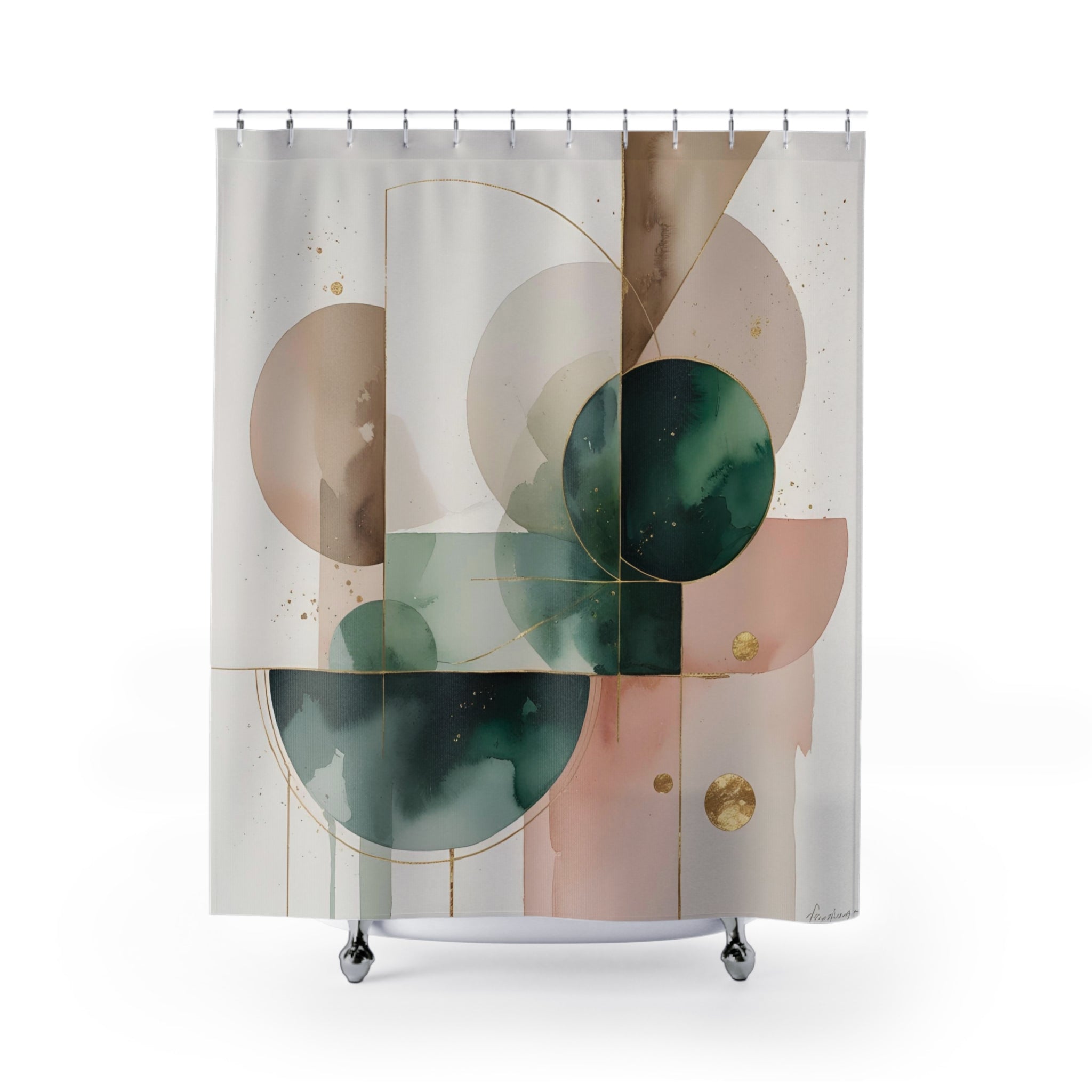 Shower Curtain | Abstract Green Beige Pink, White Muted Gold