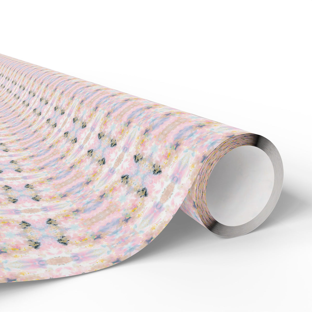 A roll of wrapping paper with a colorful, abstract pattern of pink and purple stripes and dots.