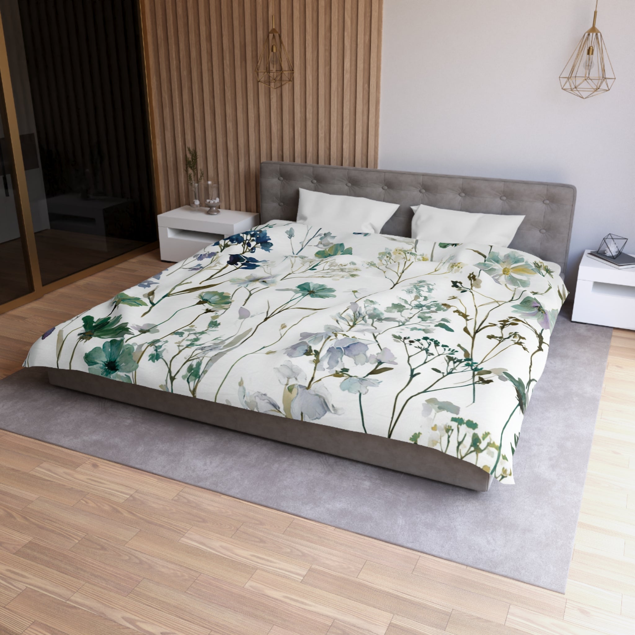 Floral Modern Duvet, Pillow Cover | White Green Bedroom Decor