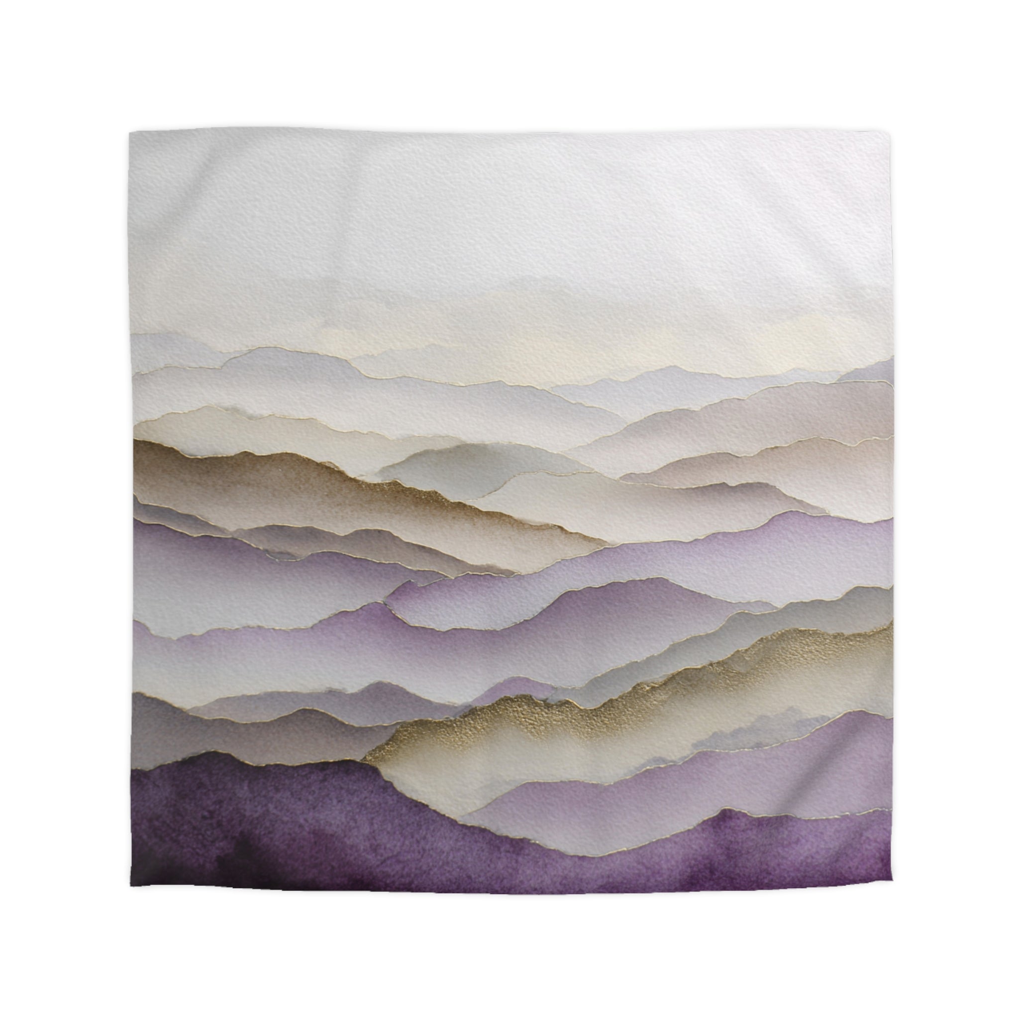 a serene landscape with rolling hills and mountains in shades of purple and gray, creating a sense of depth and distance.