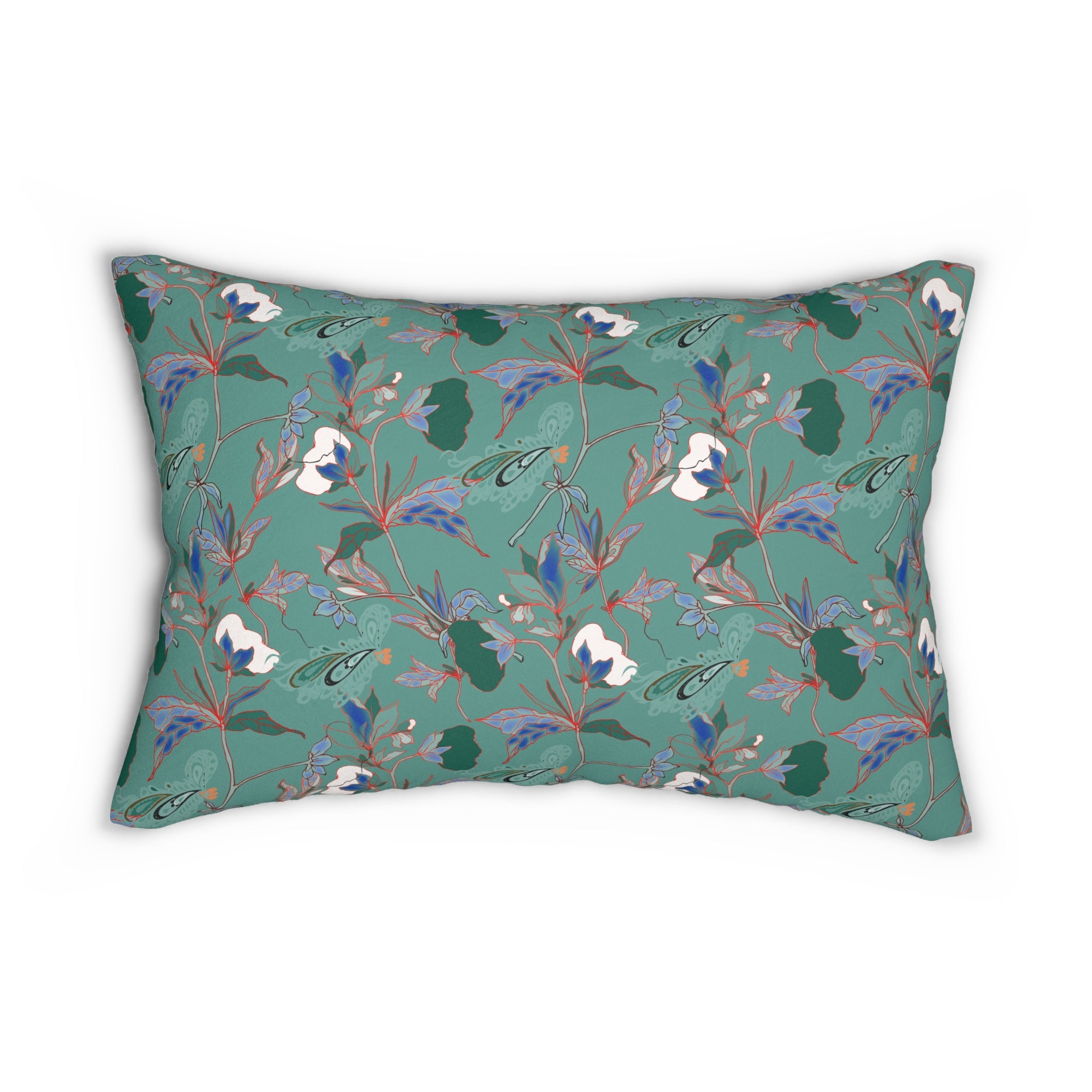 Floral Lumbar Pillow | Sage Sea Green, White Blue Red, Botanical