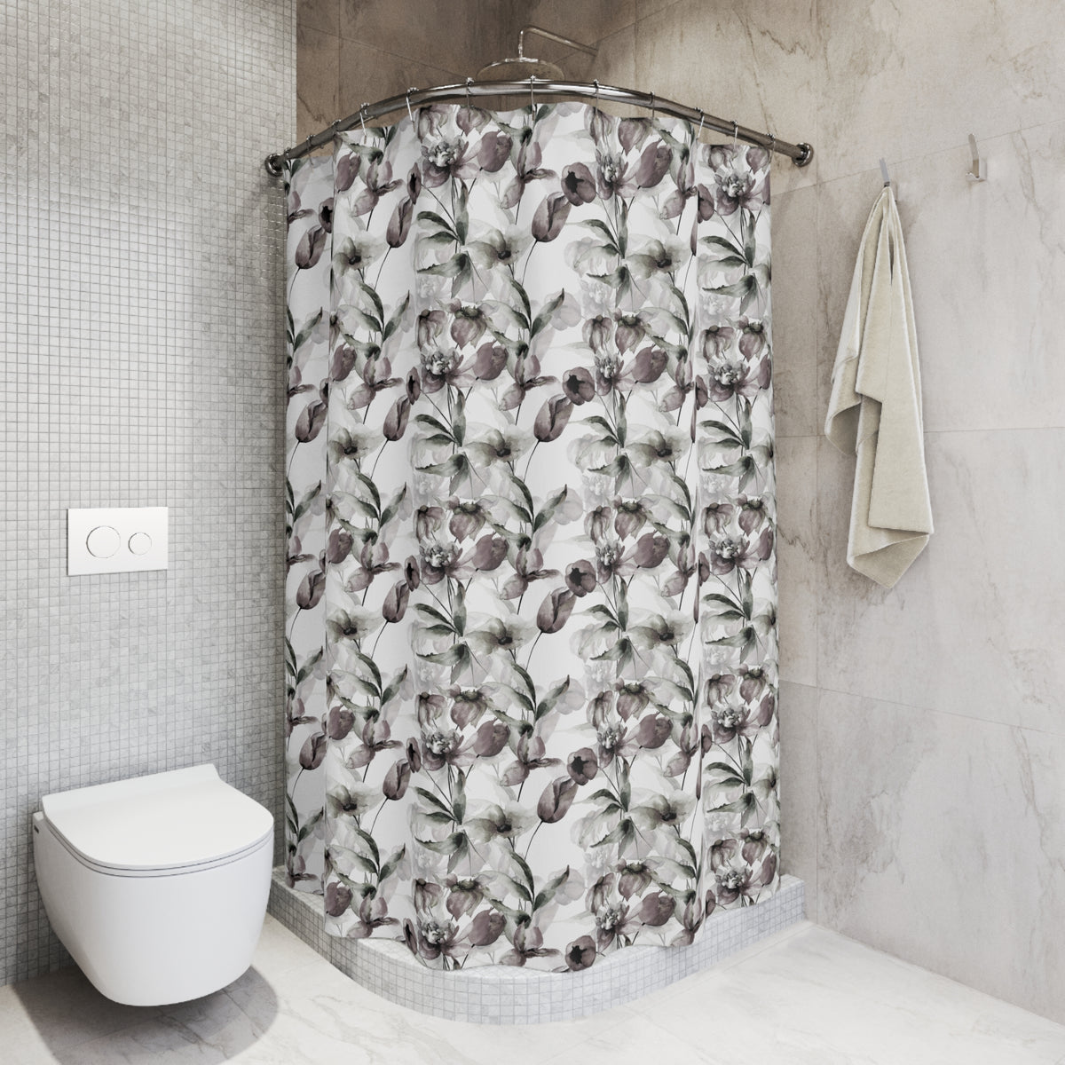 a bathroom with a shower curtain featuring a floral pattern, a toilet, and a towel hanging on the wall.