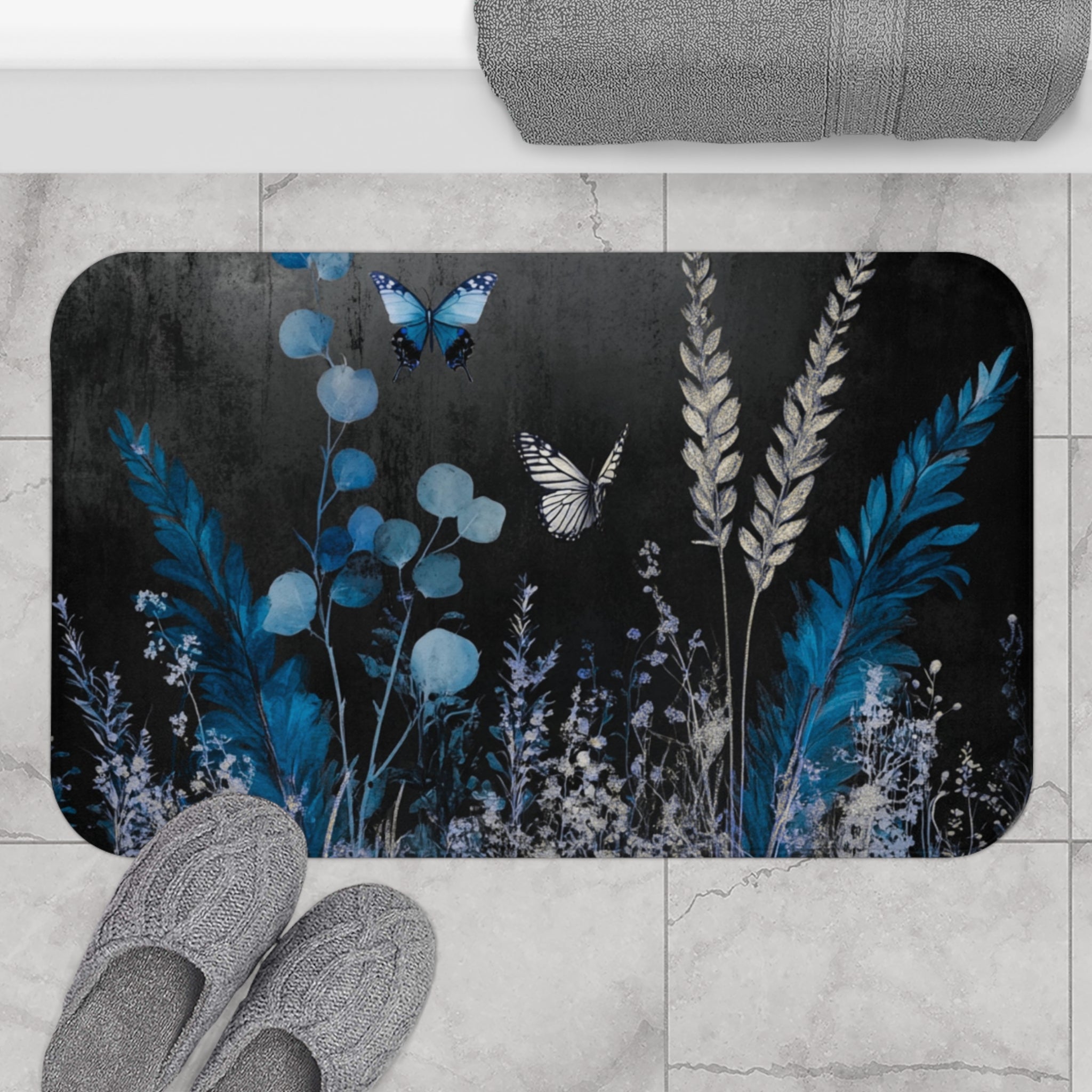Abstract Bath Mat | Grey Blue Butterflies Watercolor Kitchen Mat