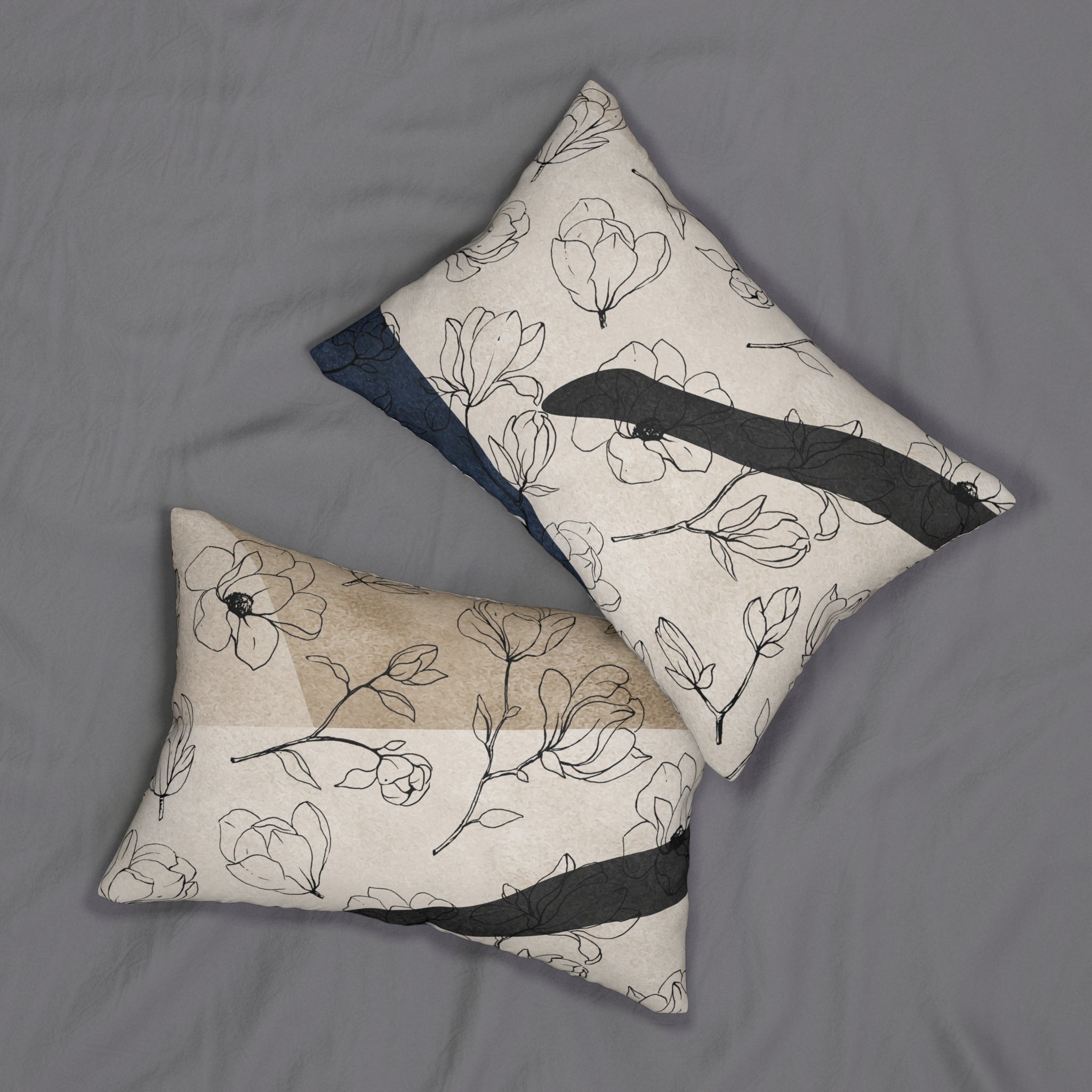Abstract Floral Lumbar Pillow | Beige Black Navy Line Art
