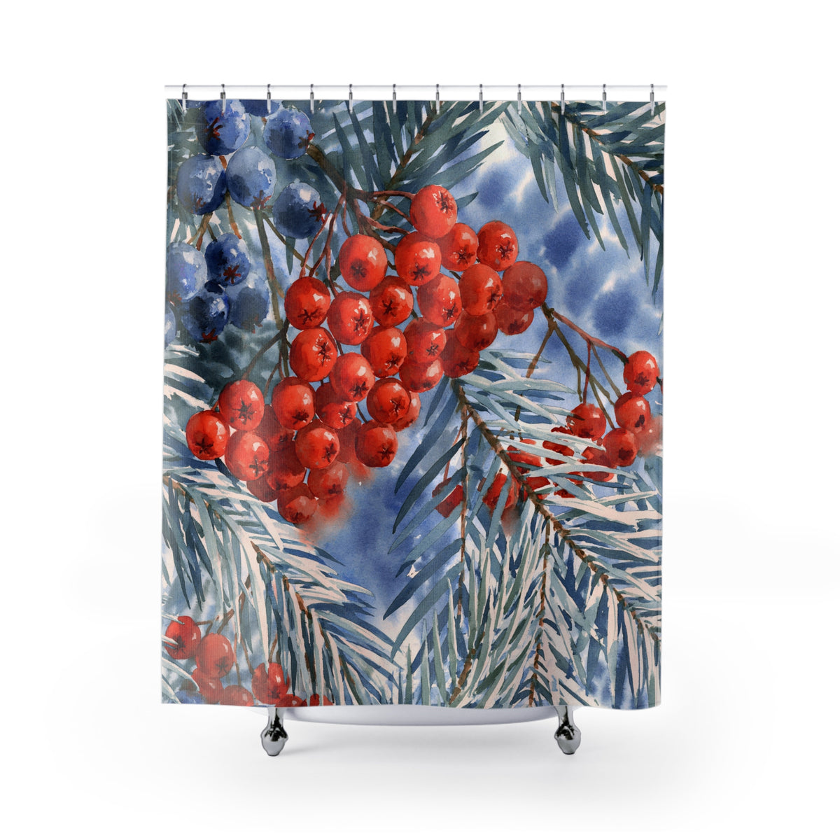 Red Rowan Berry Watercolor Shower Curtain, Bath Curtain 71x74