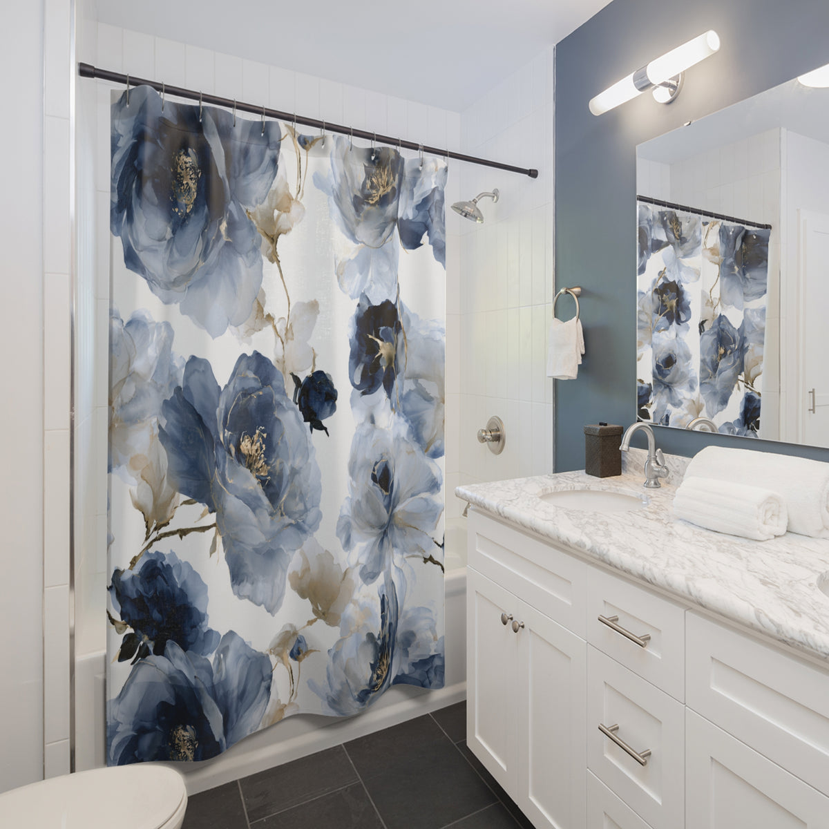 Blue Navy Watercolor Poppy Shower Curtain, Bath Curtain 71x74