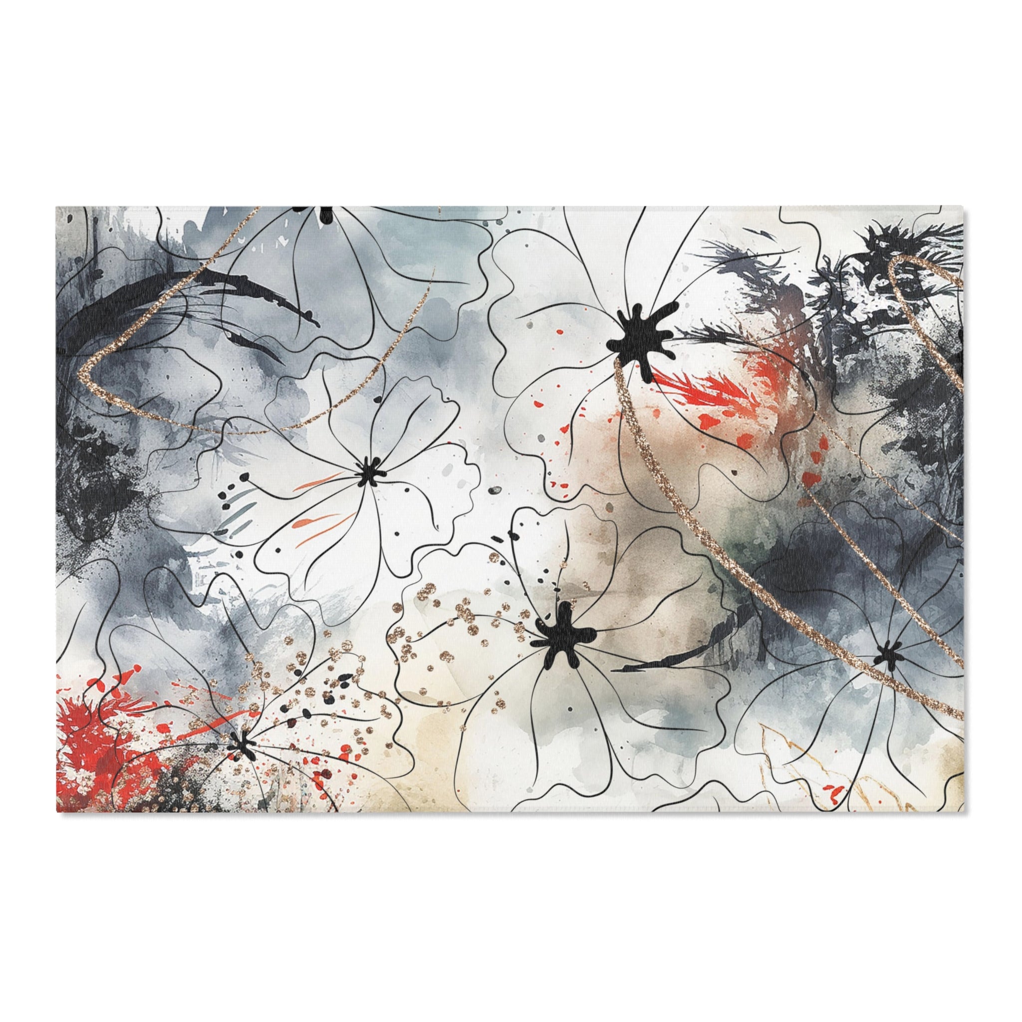 Boho Area Rug | Grey Red, Line Art, Floral Rug