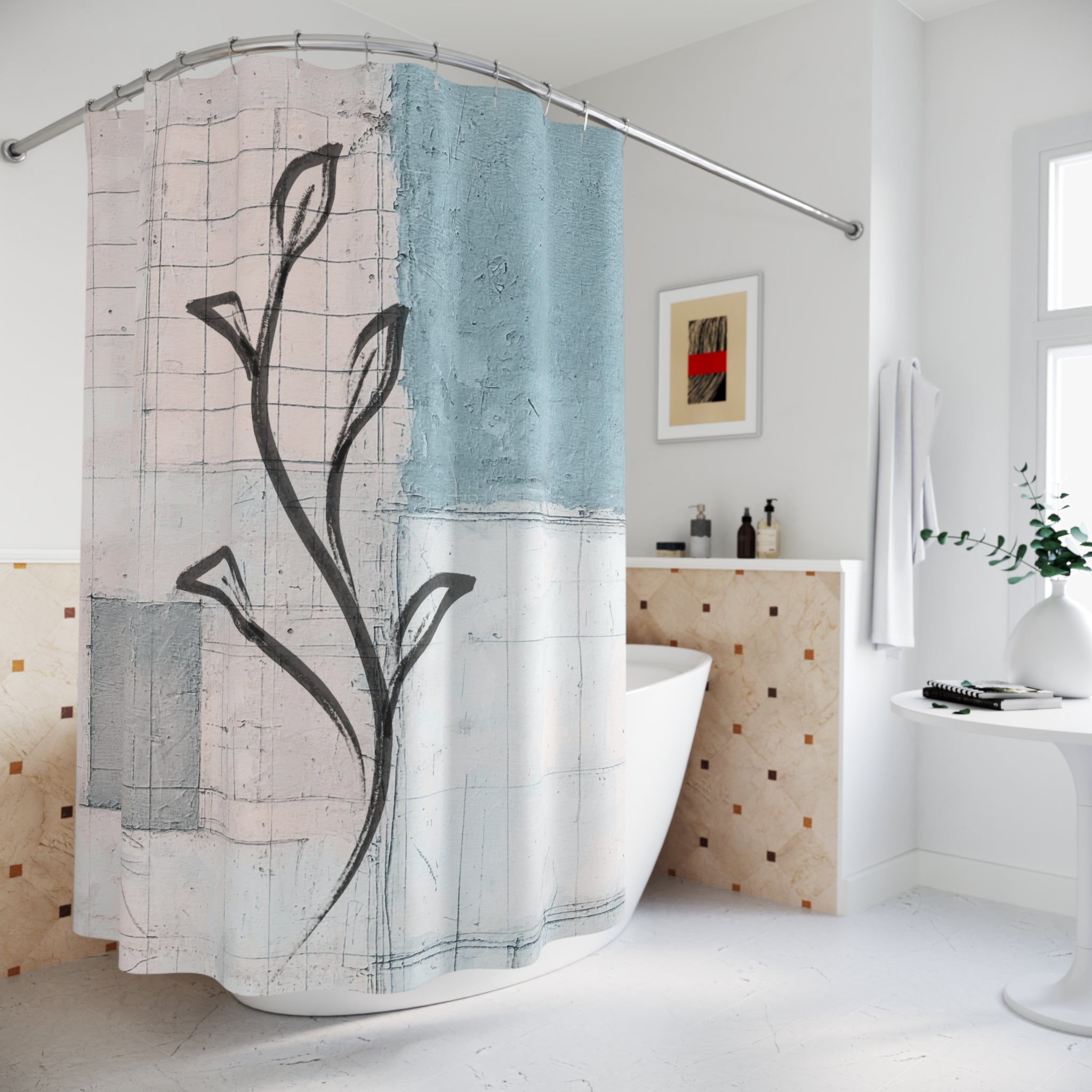 Boho Shower Curtain | Abstract Art Pale Blue, Blush Pink Grey Minimalist