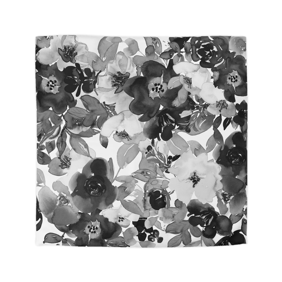 The image is a black and white floral pattern with various flowers and leaves in shades of black and white.