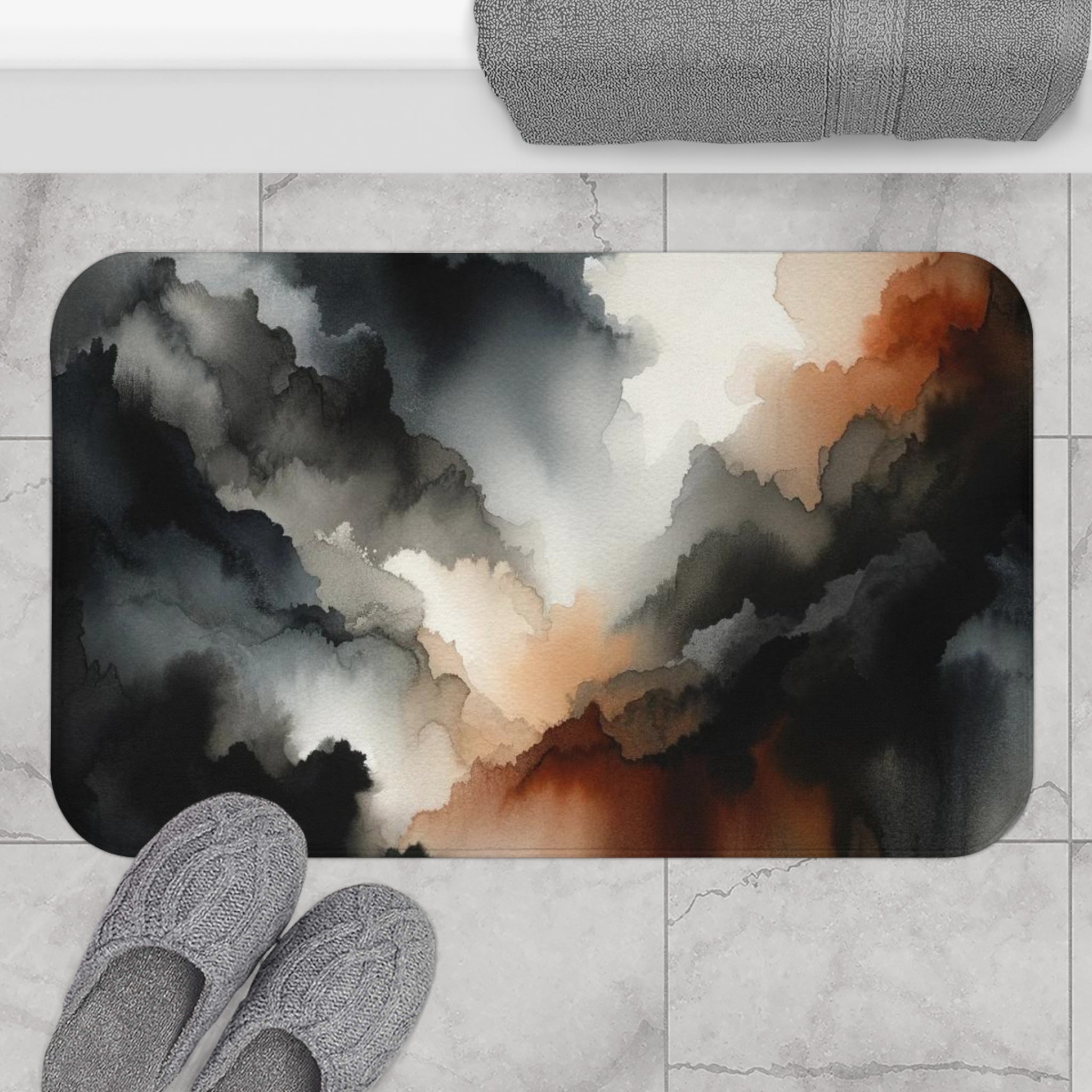 Abstract Bath Mat, Kitchen Mat | Dark Black Grey, Rust Brown