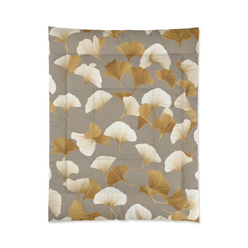 Floral Comforter | Taupe, Gold, Ivory Beige, Gingko Leaves