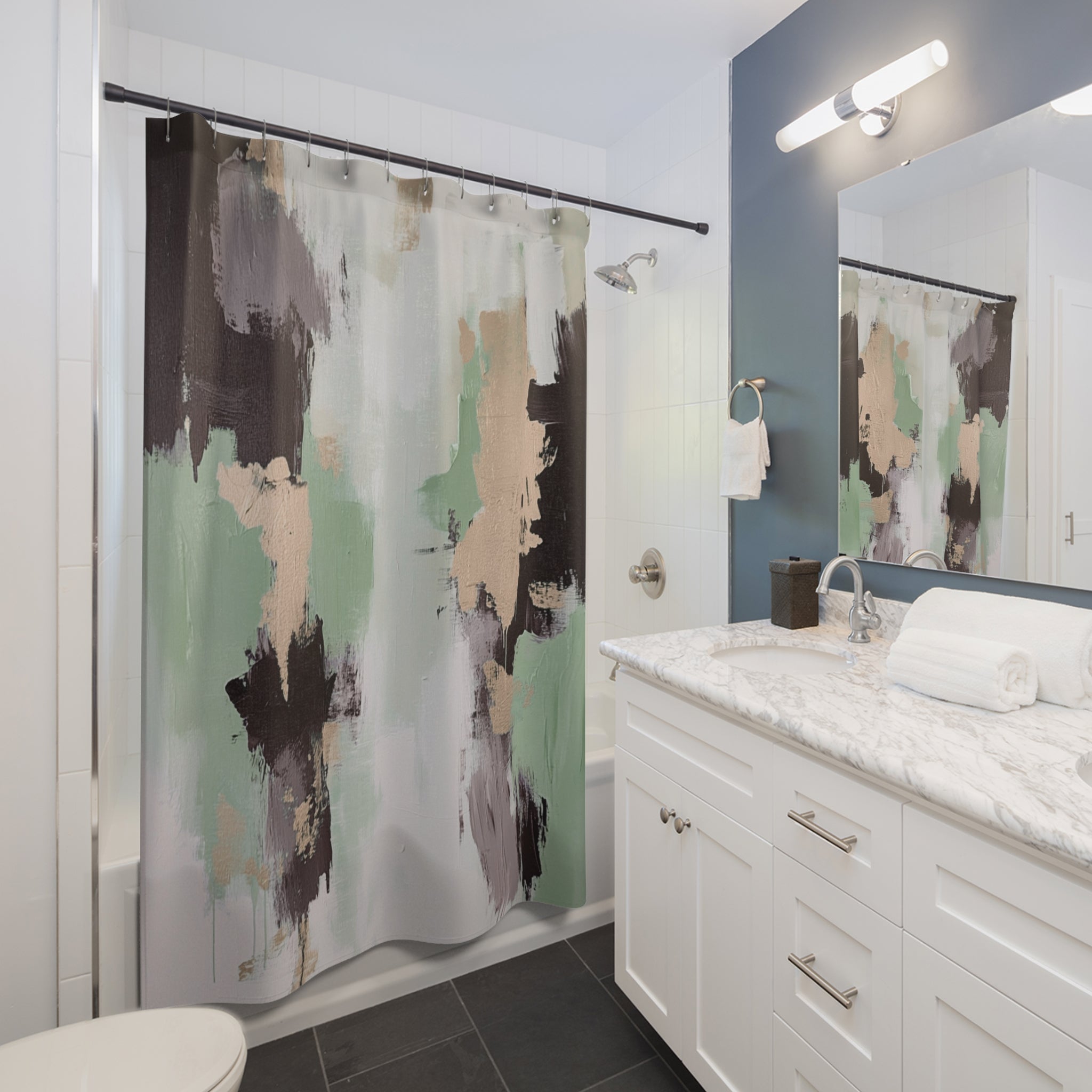 Abstract Shower Curtain | Sage Green Beige, Black Grey