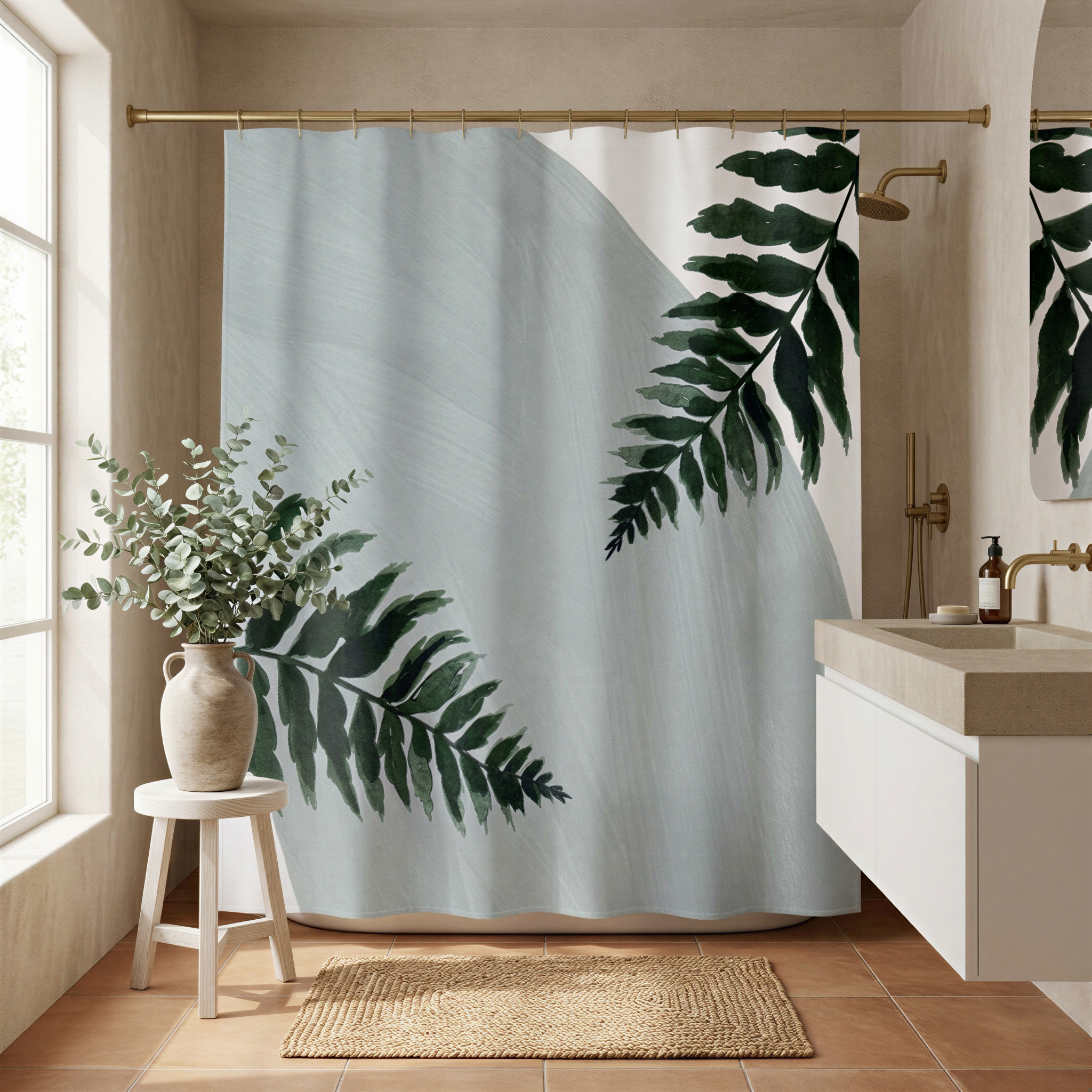 a bathroom with a large shower curtain featuring a green leaf design. The bathroom is well-decorated with a vase of greenery on a stool, a rug, and a sink.