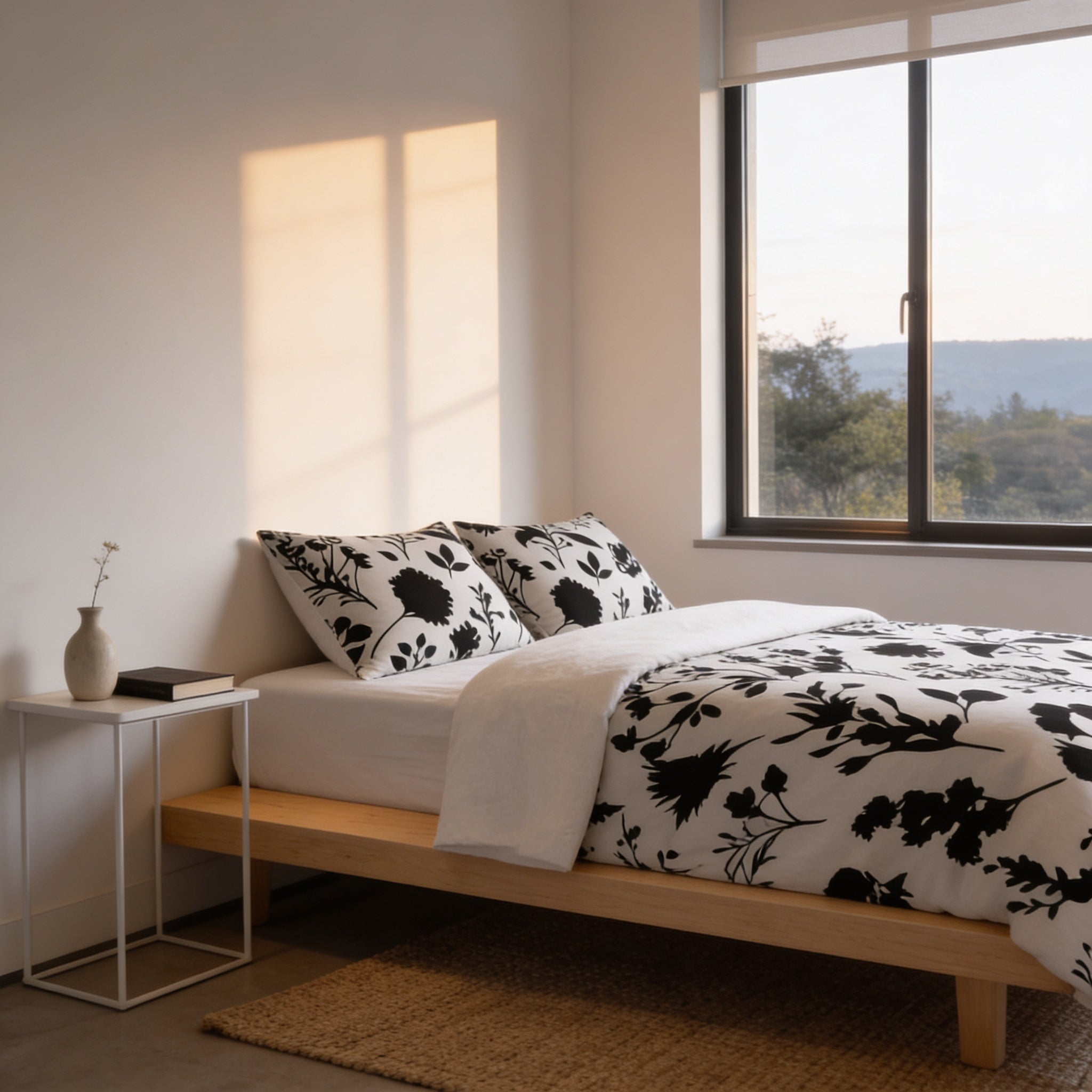 a serene bedroom scene with a bed adorned with a black and white floral comforter and matching pillows. The bed is positioned against a wall with a large window, offering a view of the outdoors. A small side table is located next to the bed, holding a vase with flowers and a book. The room has a minimalist and modern design, with a neutral color palette and clean lines.