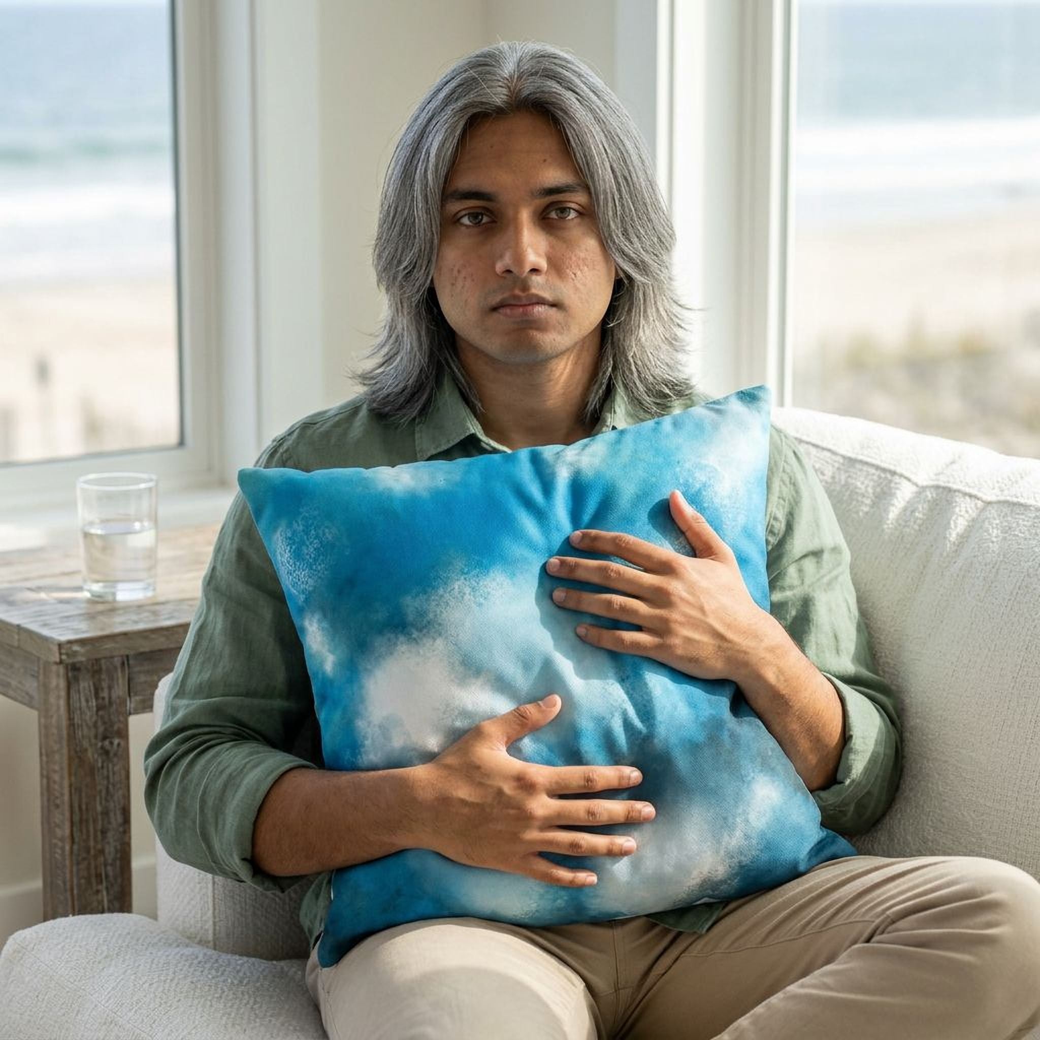 A man with long gray hair sits on a couch, holding a blue pillow with a cloud pattern.