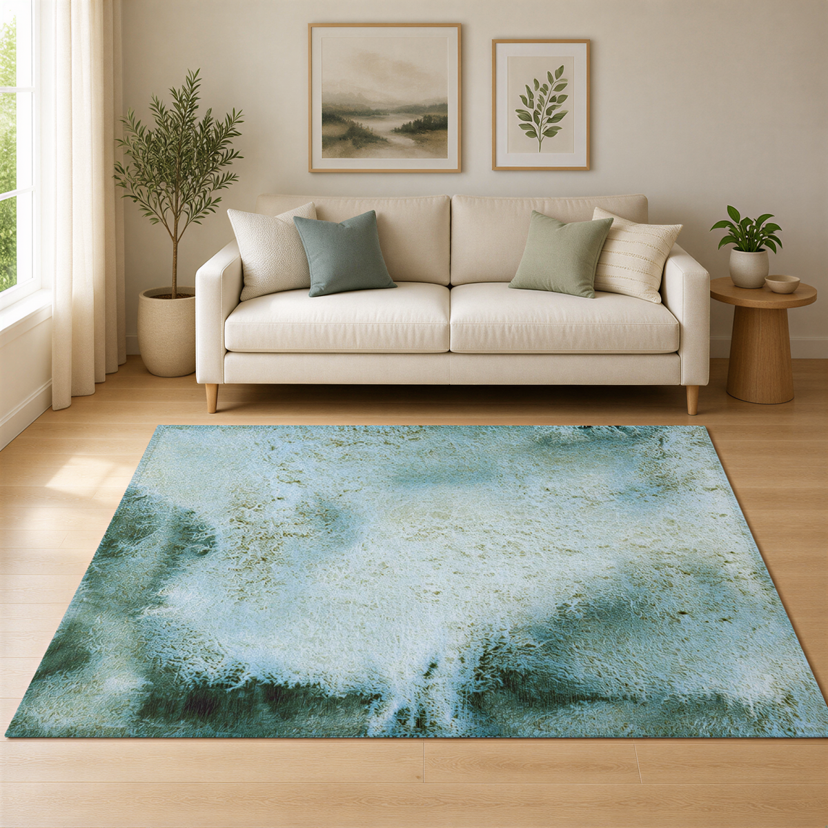 a living room with a large, light-colored sofa, a large abstract rug, and two framed paintings on the wall.