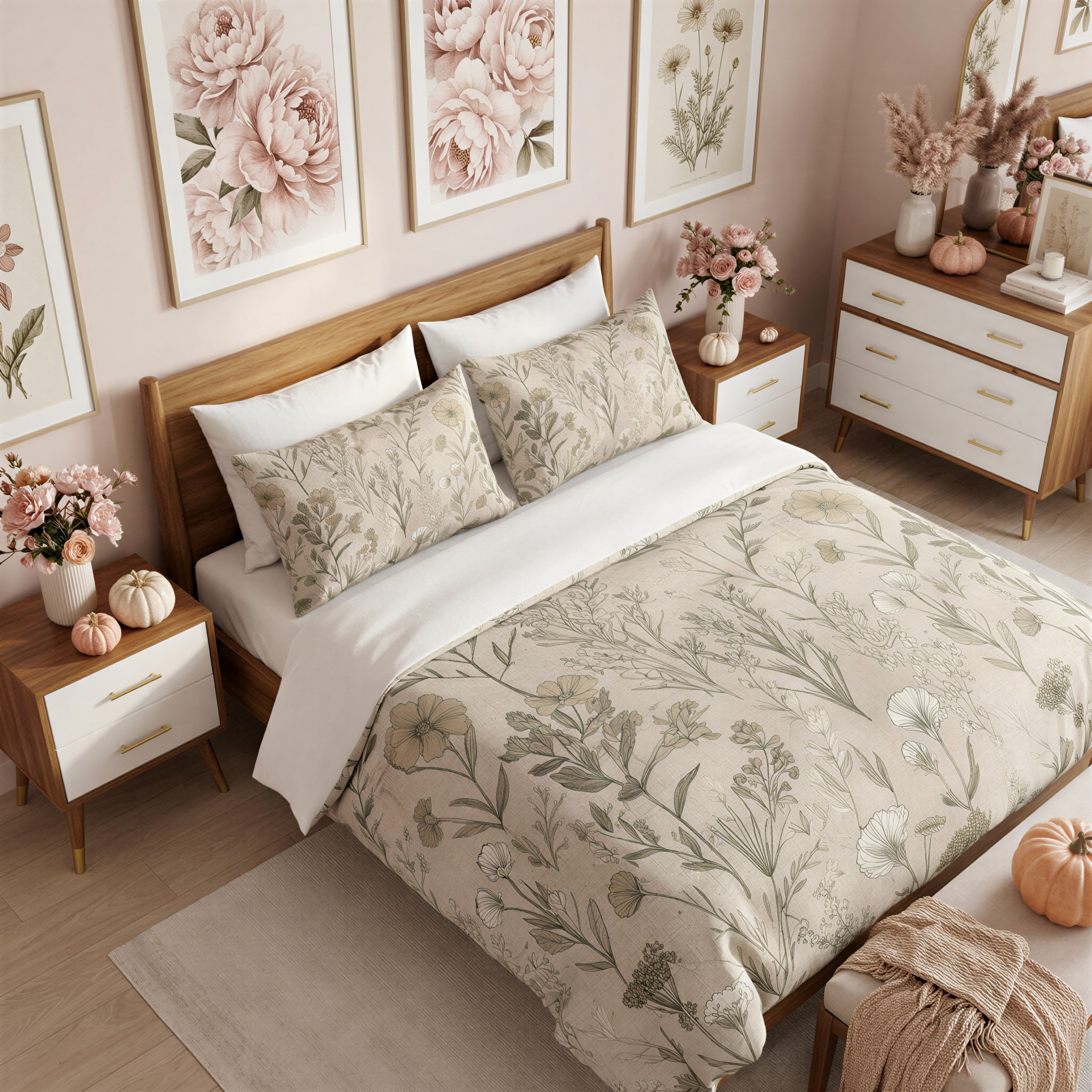 a well-decorated bedroom with a floral bedspread, wooden furniture, and framed pictures on the walls.