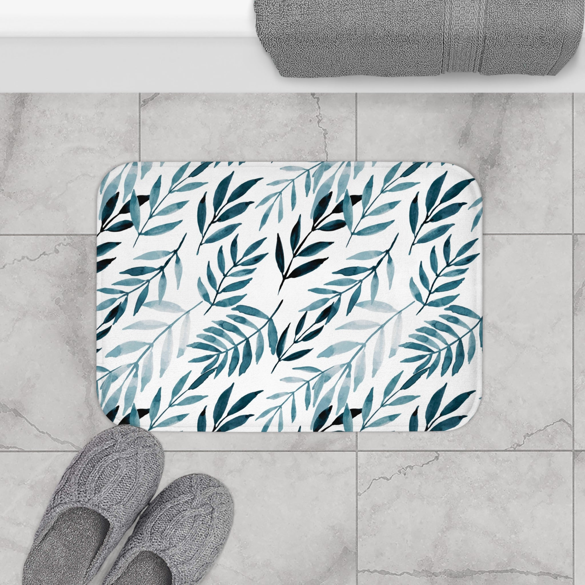 Boho Kitchen, Bath Mat | Floral White, Navy Leaves