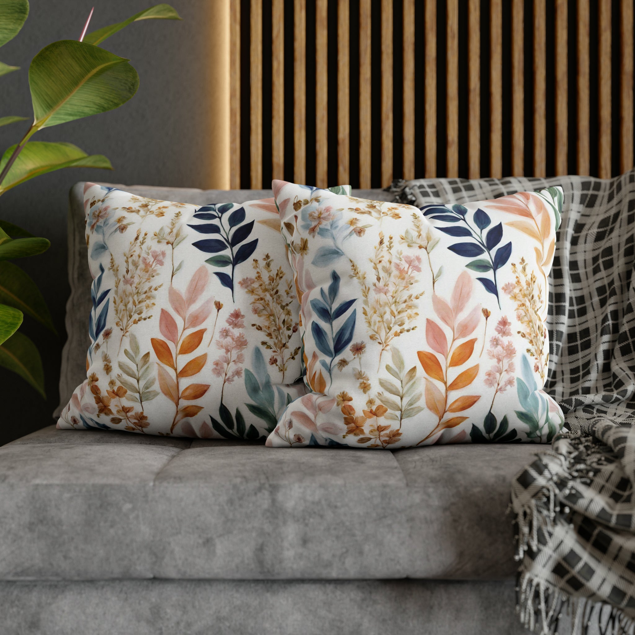 Boho Floral Throw Pillow Cover | White Blue Beige Leaves