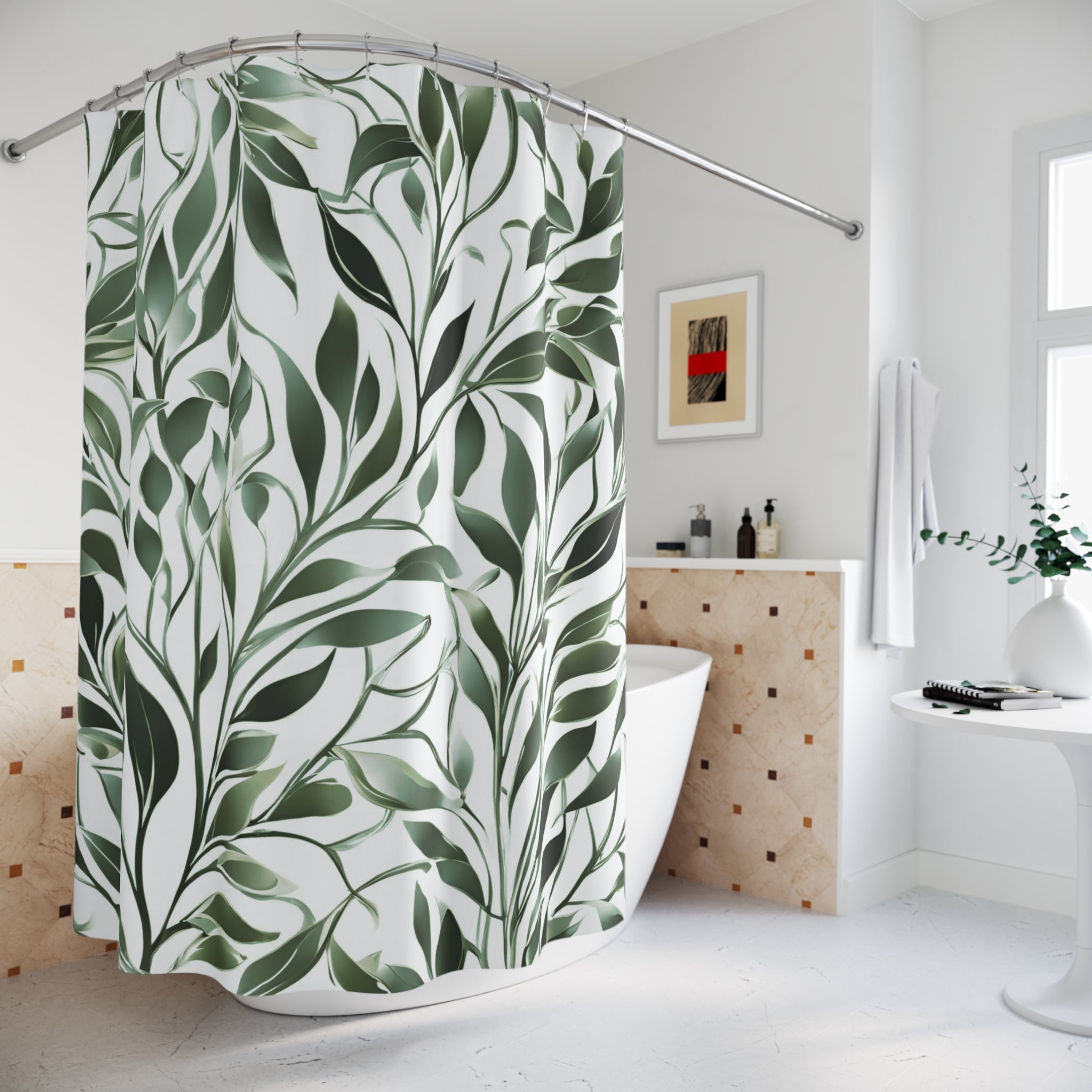 Boho Shower Curtain | Sage Green, White Leaves