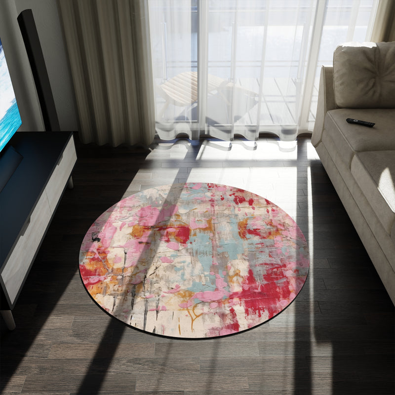 Colorful Round Area Rug | Abstract Red Pink Blue Beige