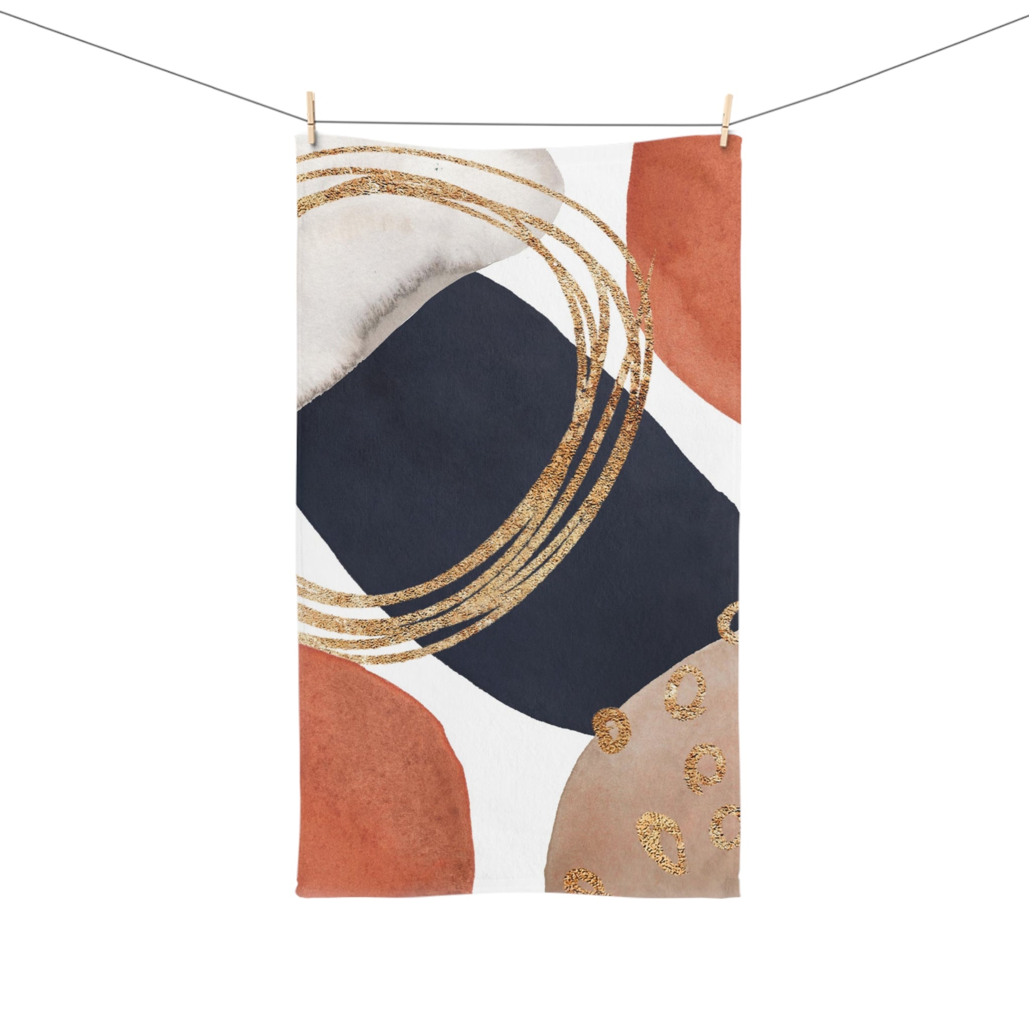 Abstract Kitchen, Bath Hand Towel | Navy Blue, Burnt Orange, Gold